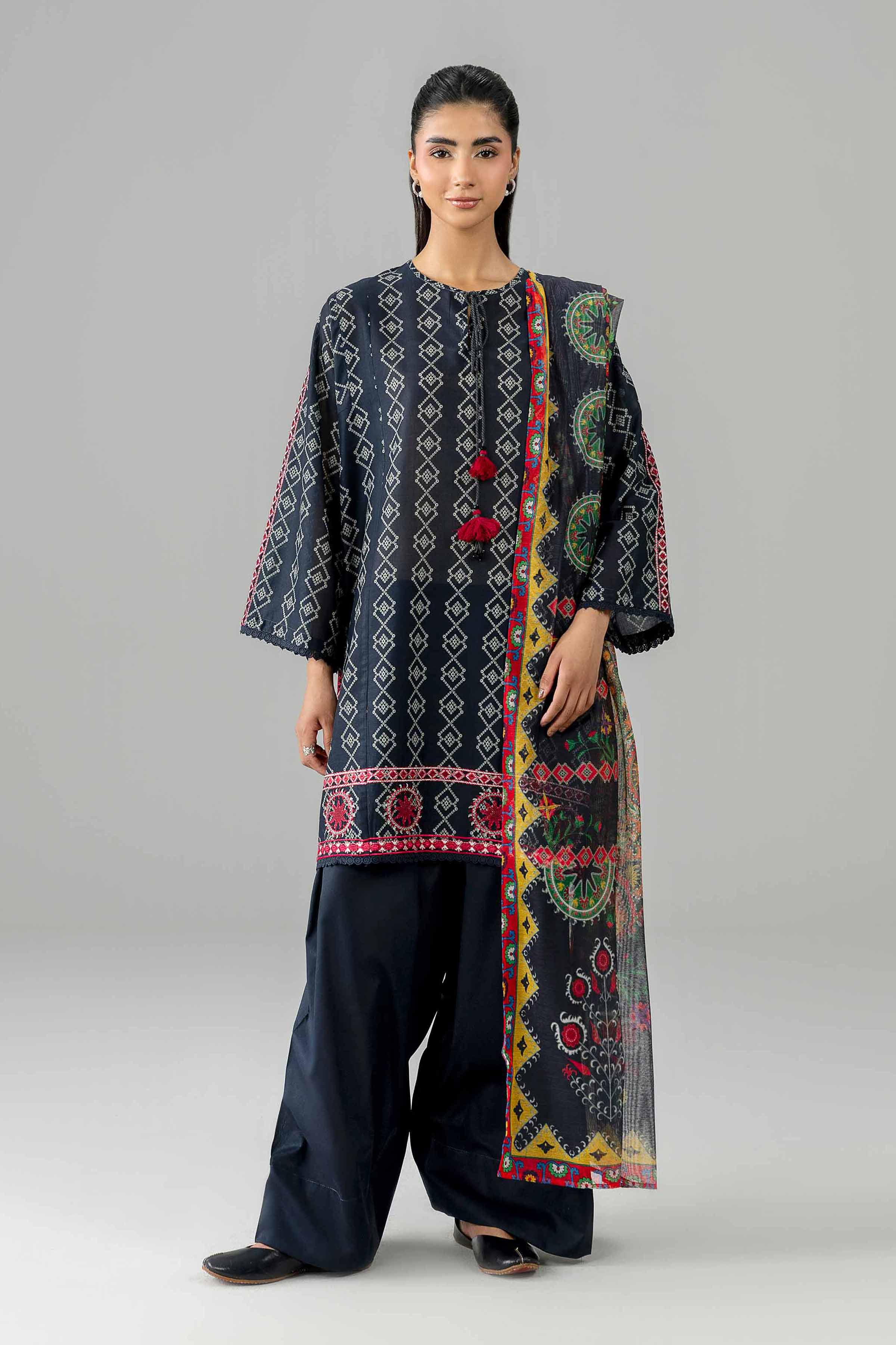 3 Piece - Printed Embroidered Suit - PE26-506 Blue Lawn  Embroidered Kurtis
