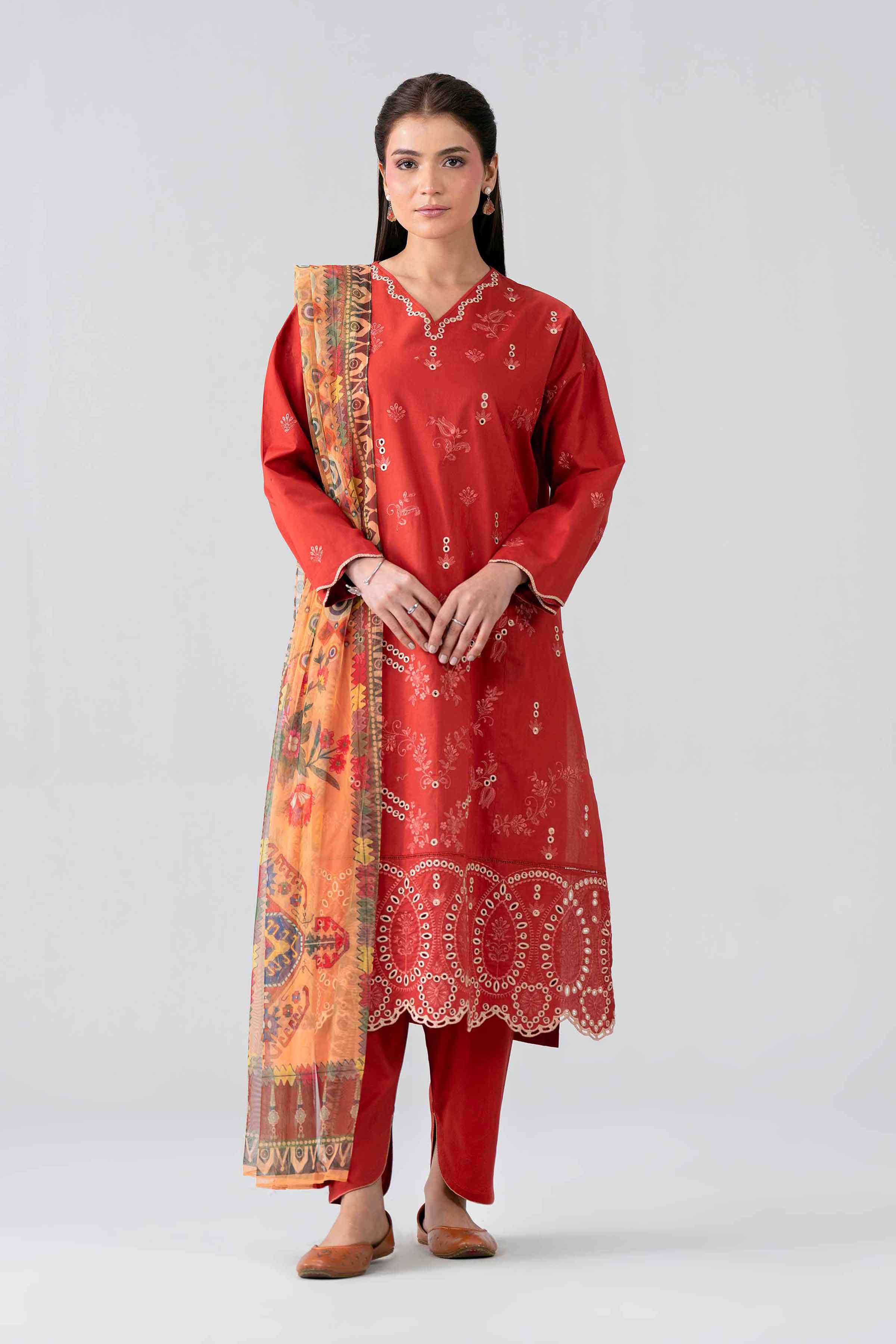 3 Piece - Printed Embroidered Suit - PE26-513 Orange Cambric  Embroidered A-Line shirt