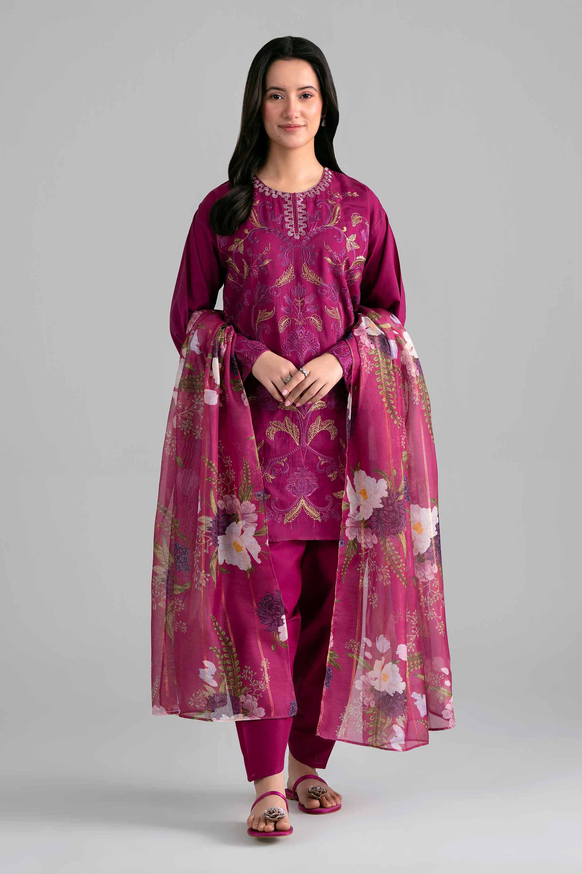 3 Piece - Printed Embroidered Suit - PE26-526