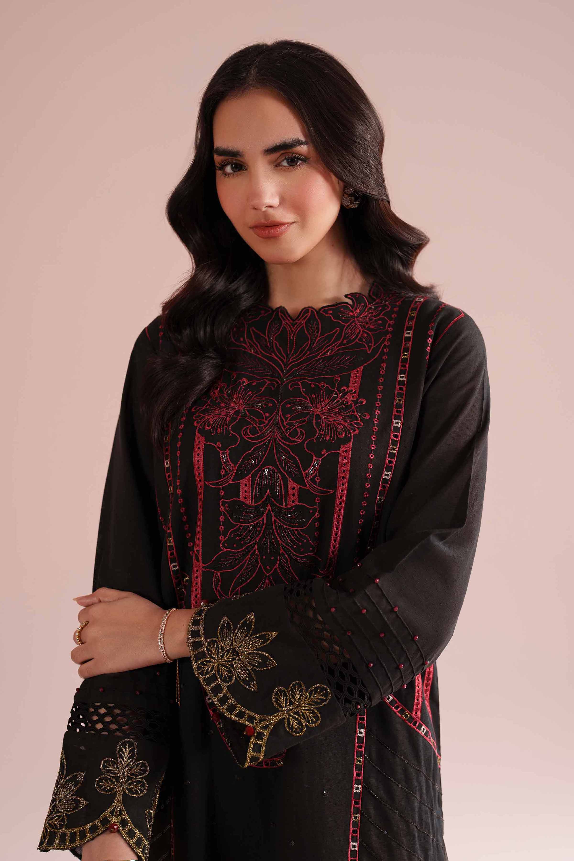 2 Piece - Embroidered Suit - PE26-53 Black Linen 2PC Embroidered