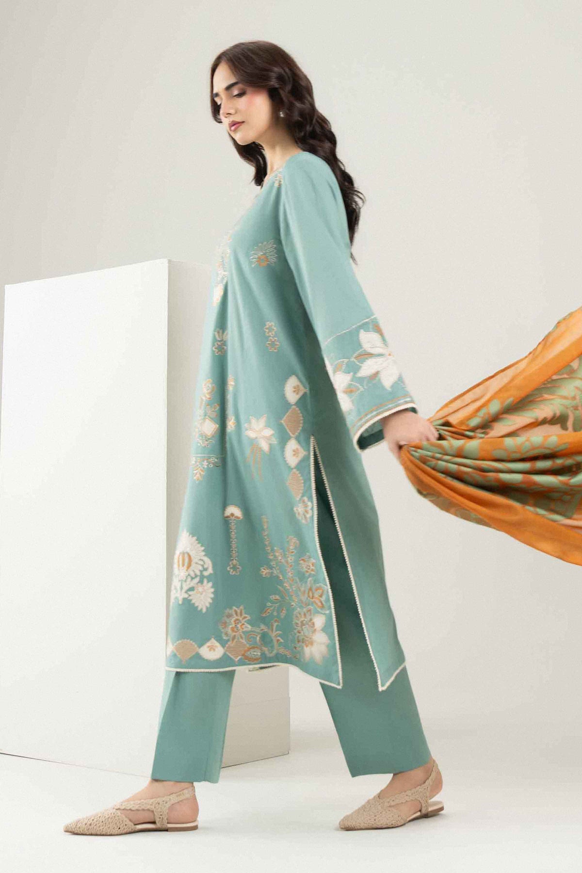 Blue 3-Piece Embroidered Suit in Cambric ready-to-wear