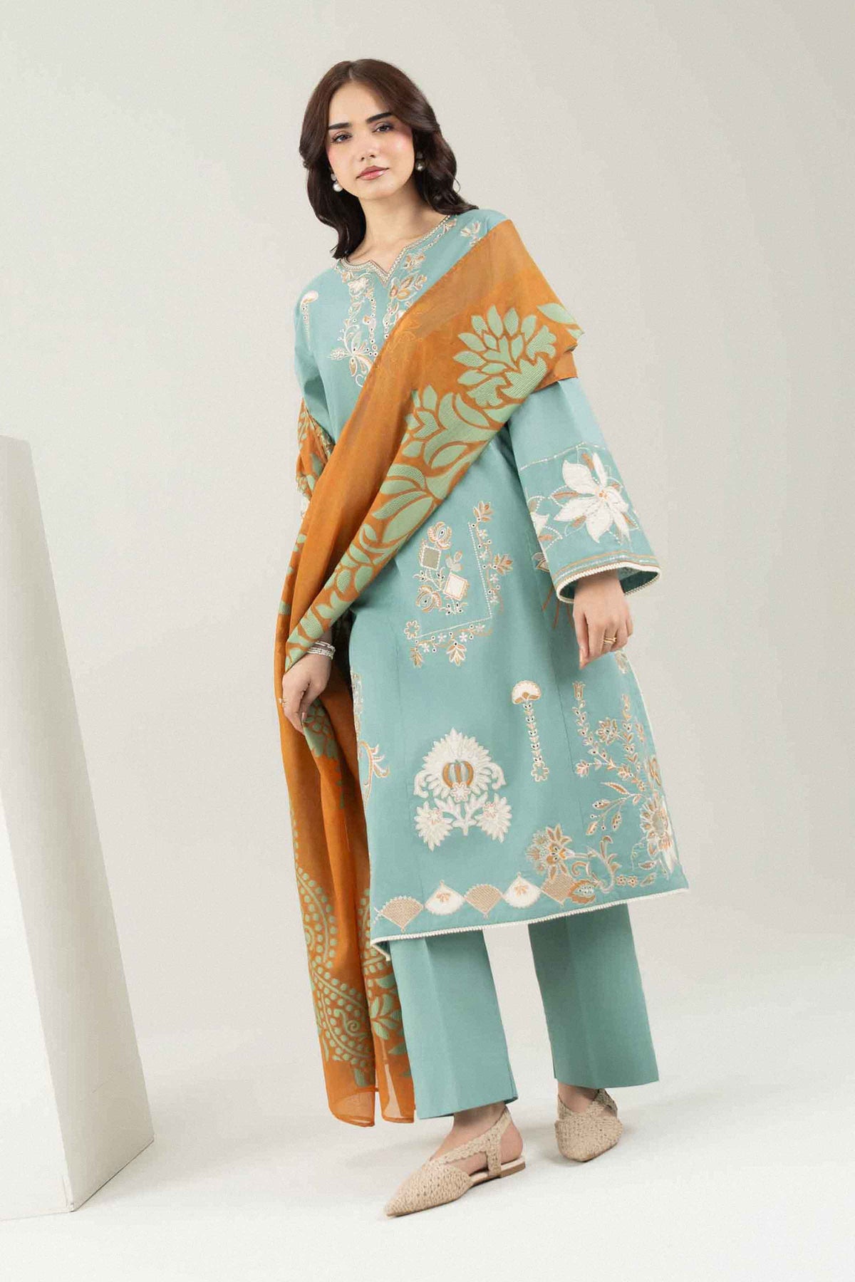 Blue 3-Piece Embroidered Suit in Cambric ready-to-wear