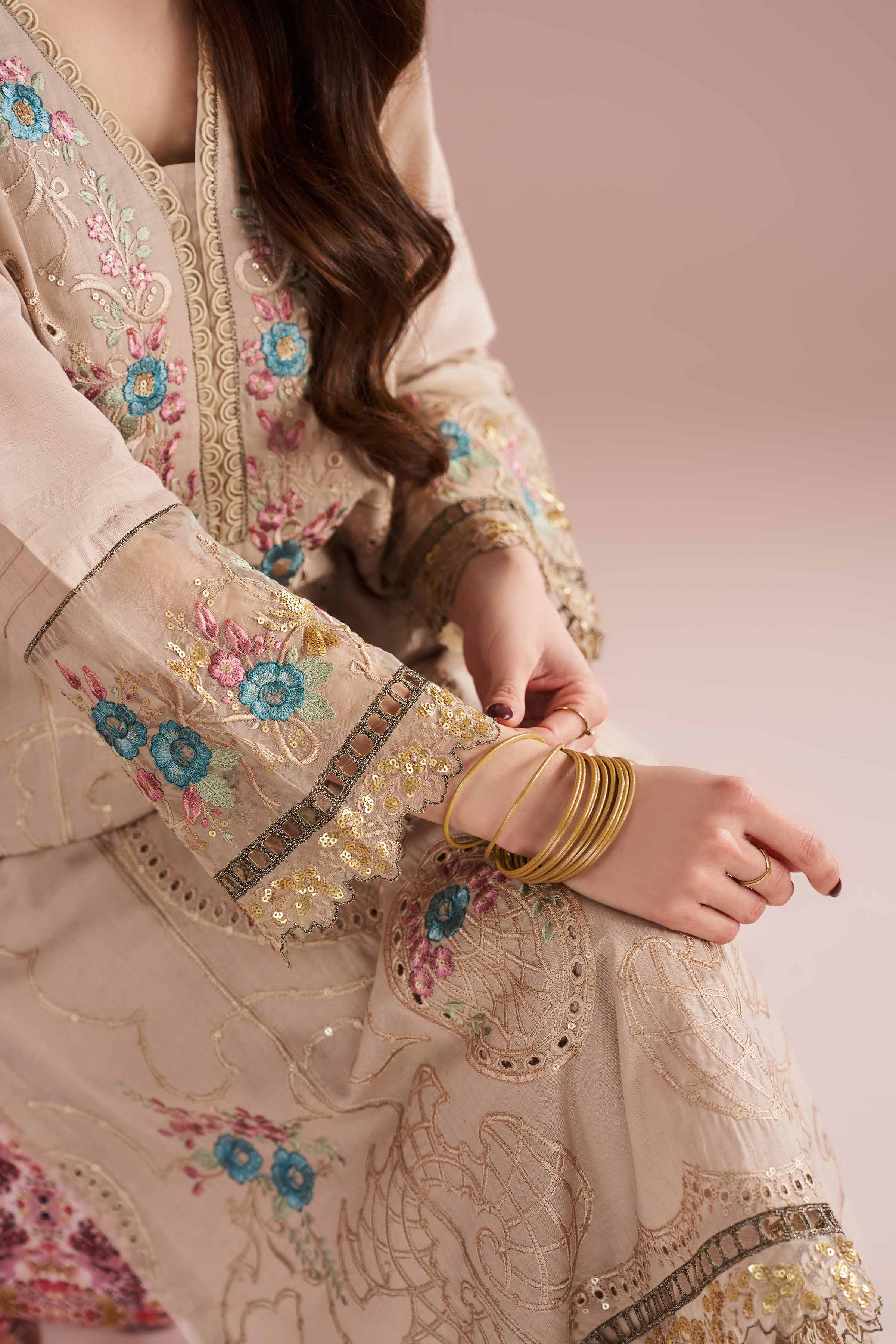 2 Piece - Embroidered Suit - PE26-55 Beige Linen 2PC Embroidered