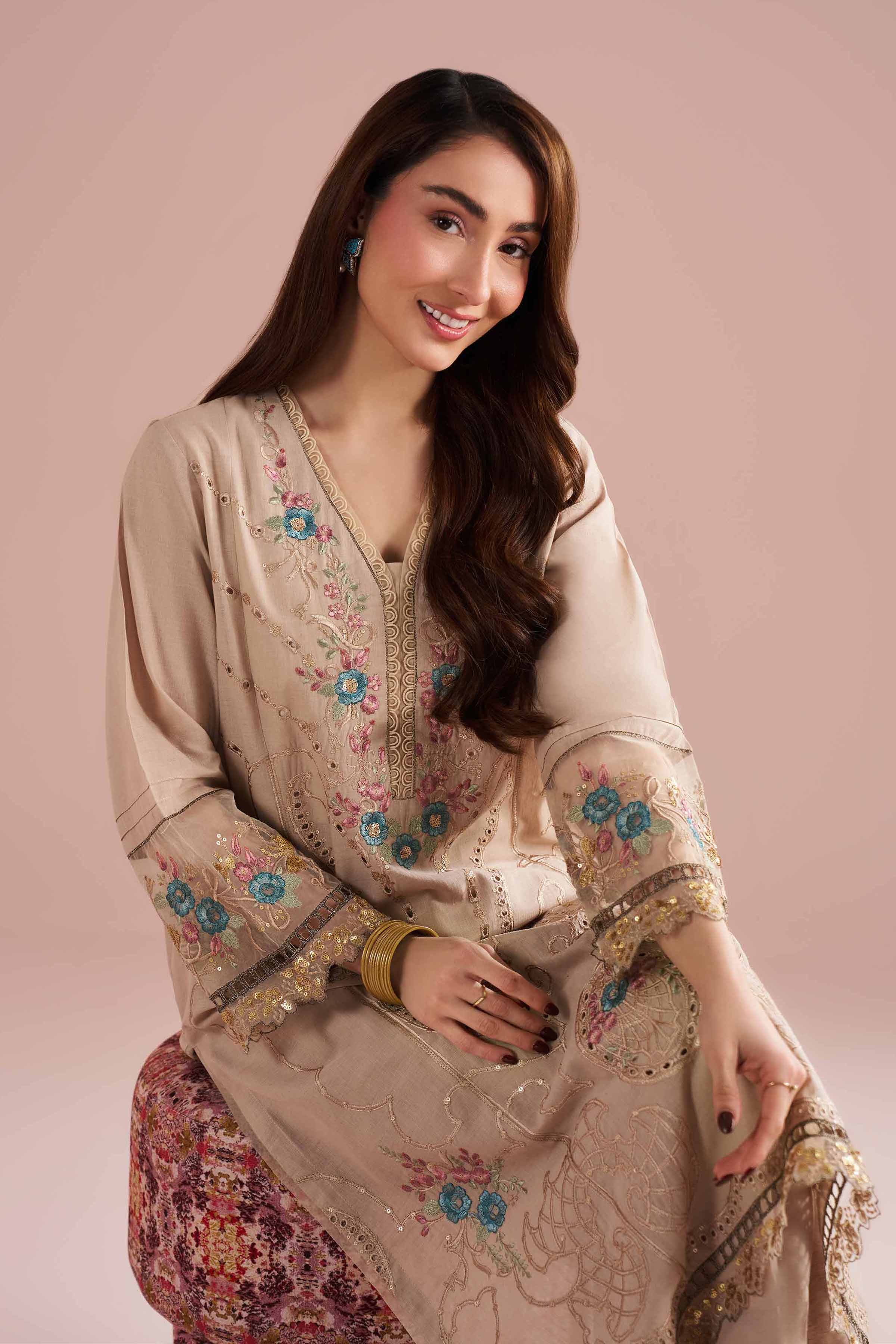 2 Piece - Embroidered Suit - PE26-55 Beige Linen 2PC Embroidered