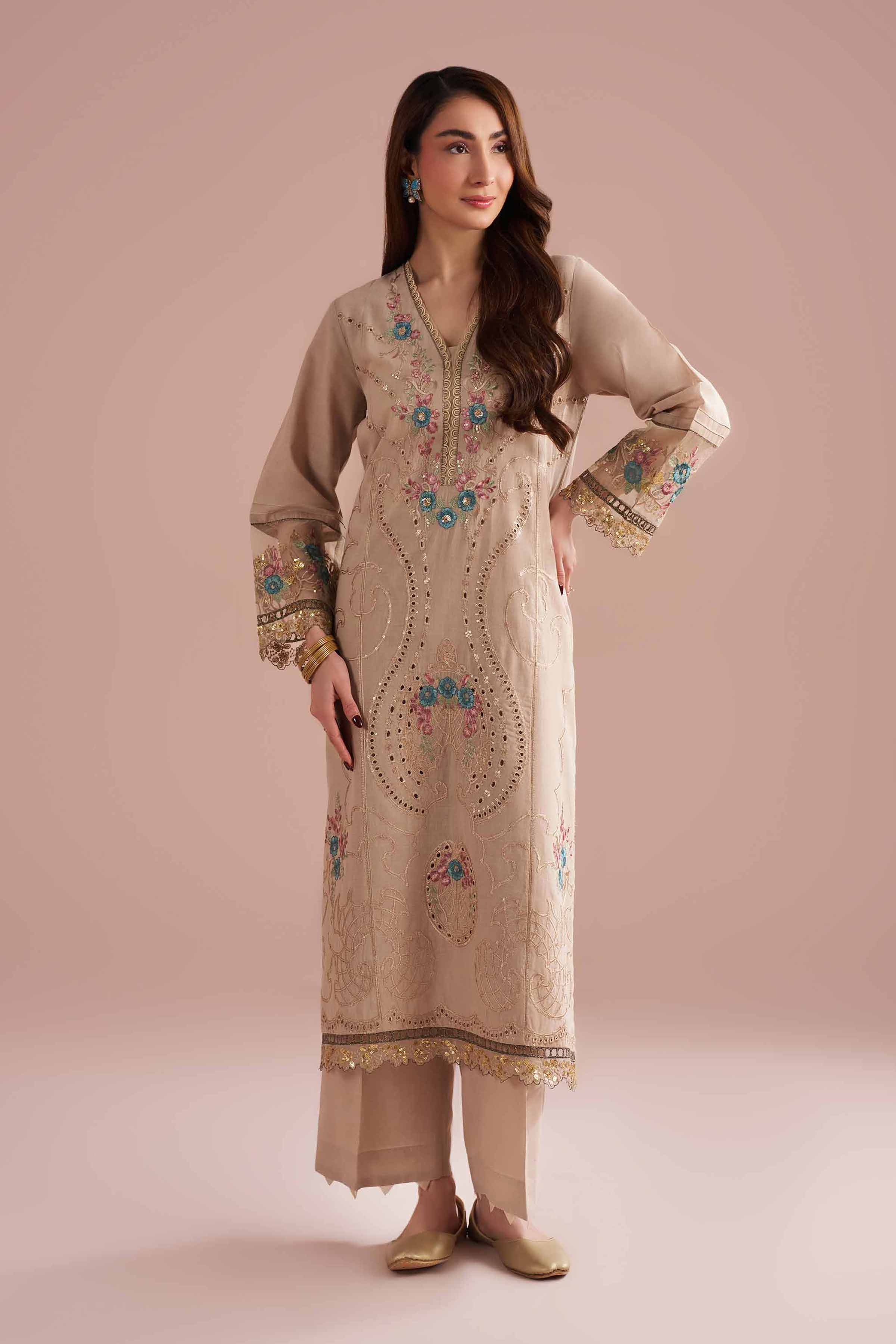 2 Piece - Embroidered Suit - PE26-55 Beige Linen 2PC Embroidered