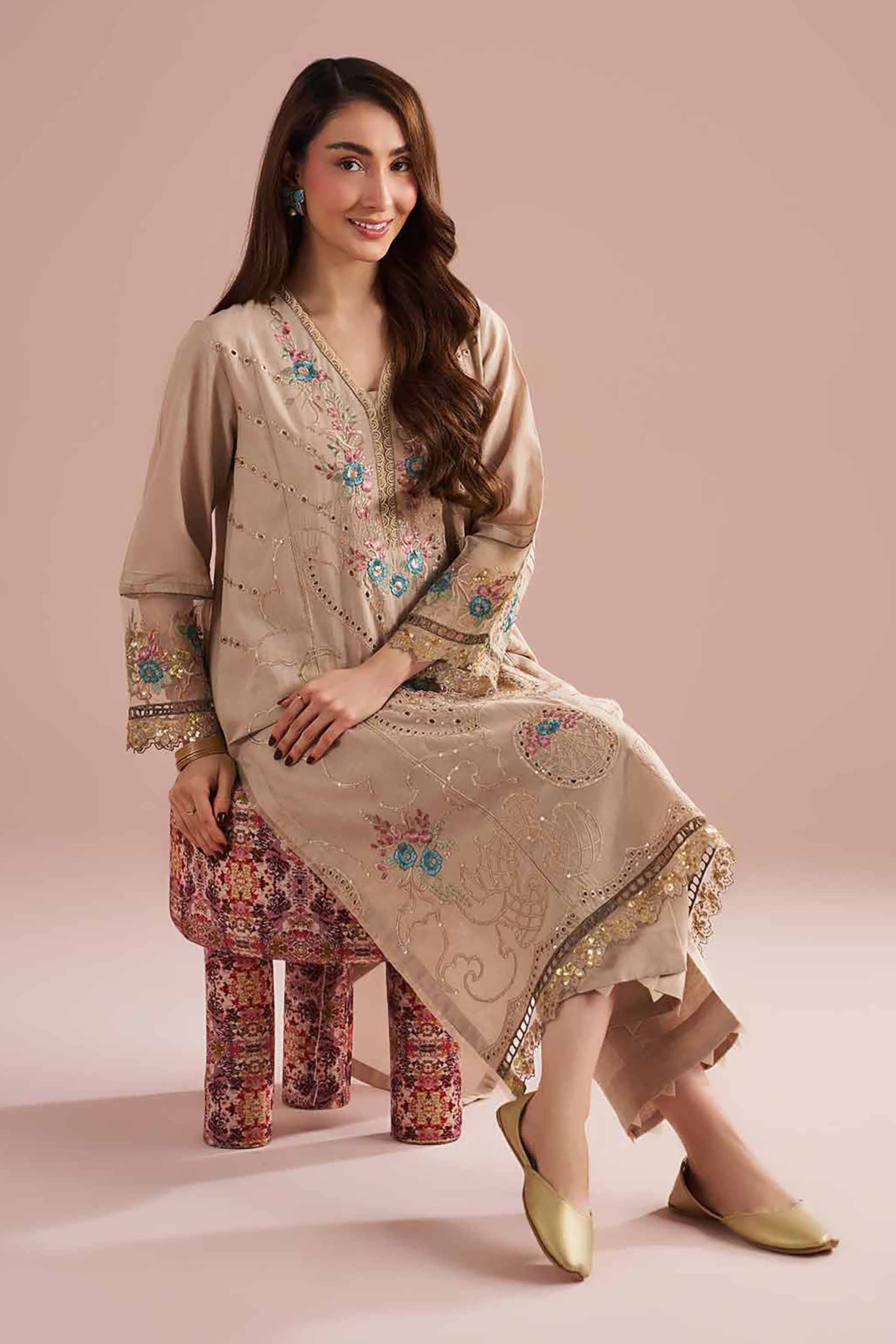 2 Piece - Embroidered Suit - PE26-55 Beige Linen 2PC Embroidered
