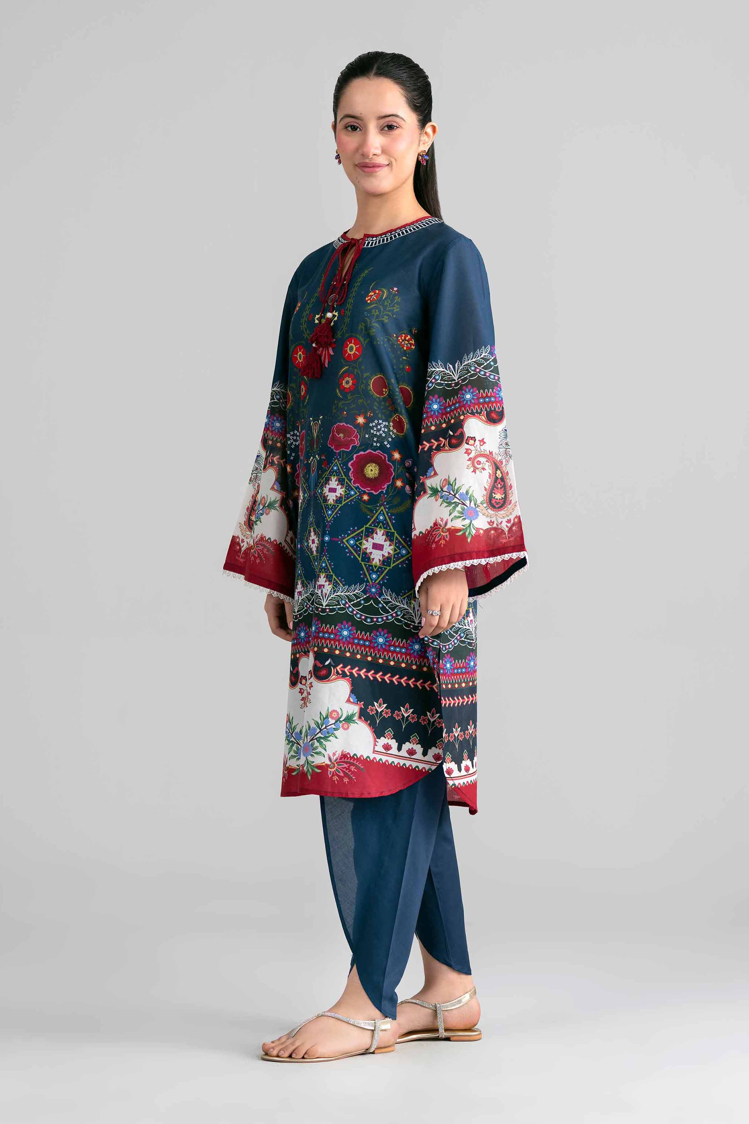 2 Piece - Printed Embroidered Suit - PE26-592 Blue Lawn  Embroidered Straight shirt