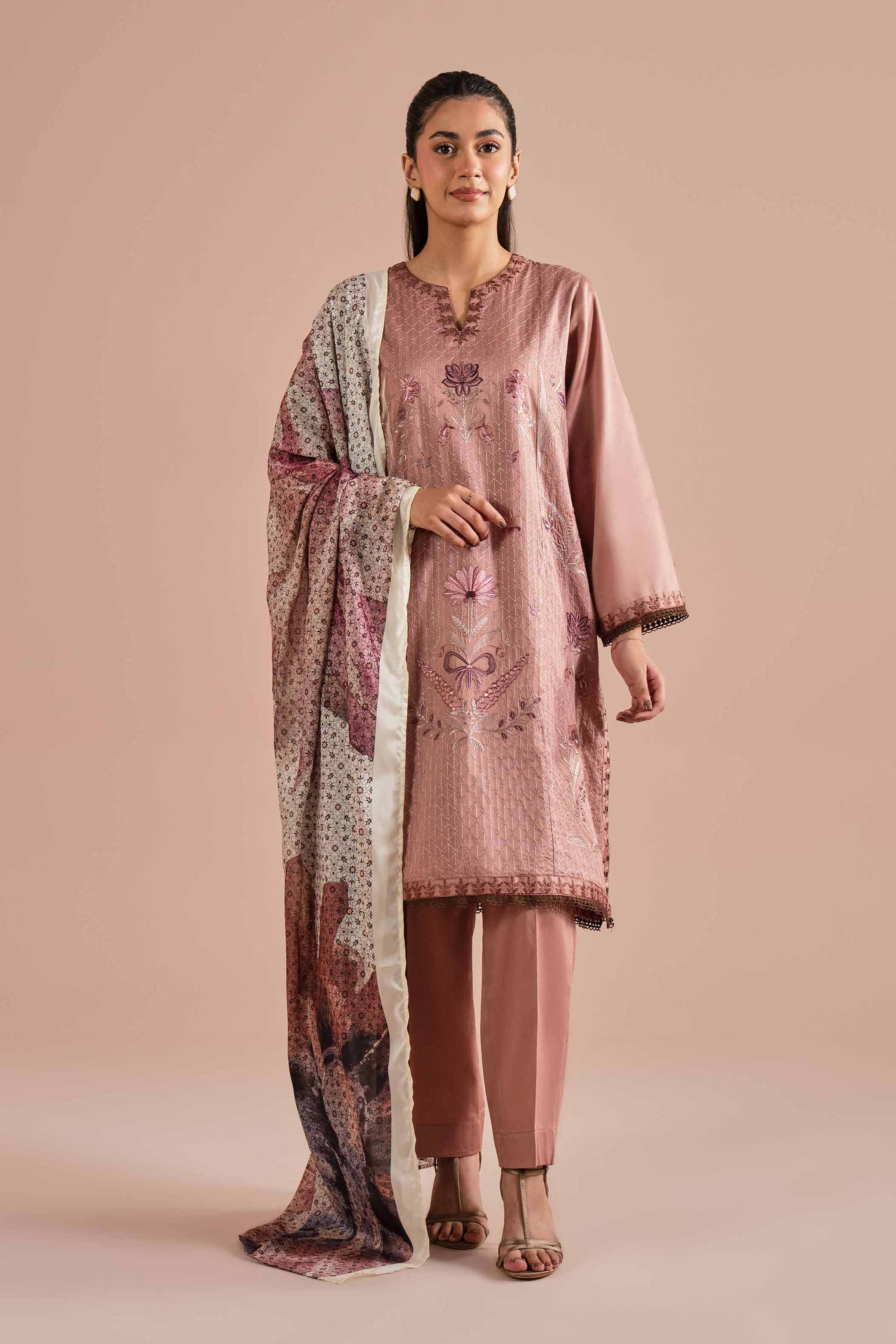3 Piece - Embroidered Suit - PE26-61 NishatUAE Pink Satin 3PC Embroidered Ready To Wear
