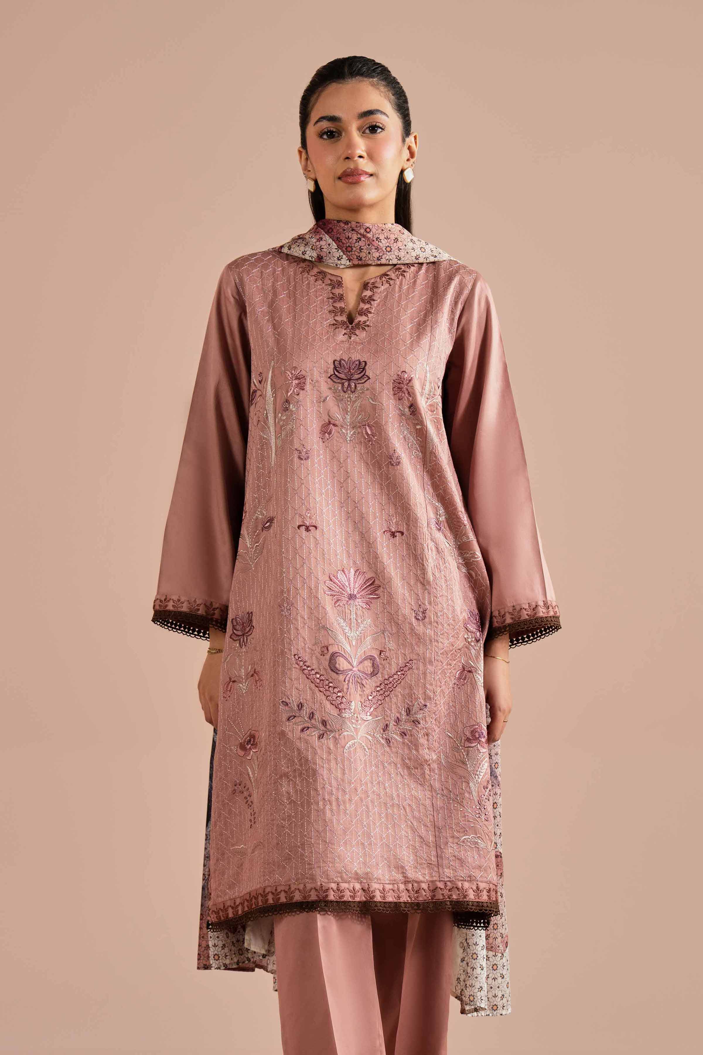 3 Piece - Embroidered Suit - PE26-61 NishatUAE Pink Satin 3PC Embroidered Ready To Wear