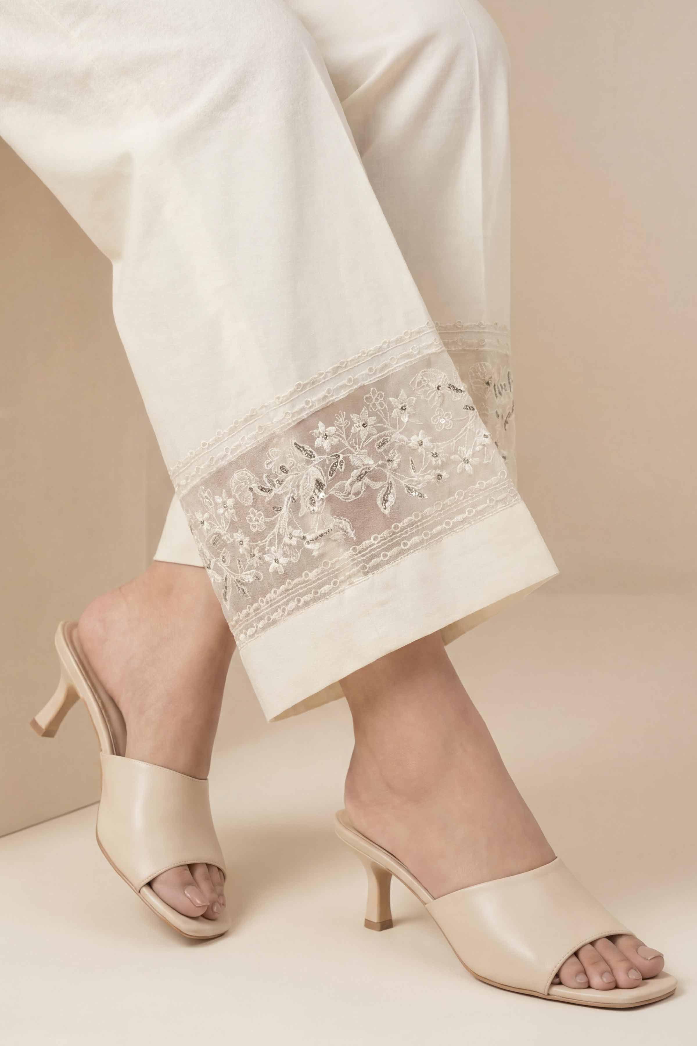 Embroidered Trousers - PE26-637 Off White Cambric 1PC Embroidered READY TO WEAR