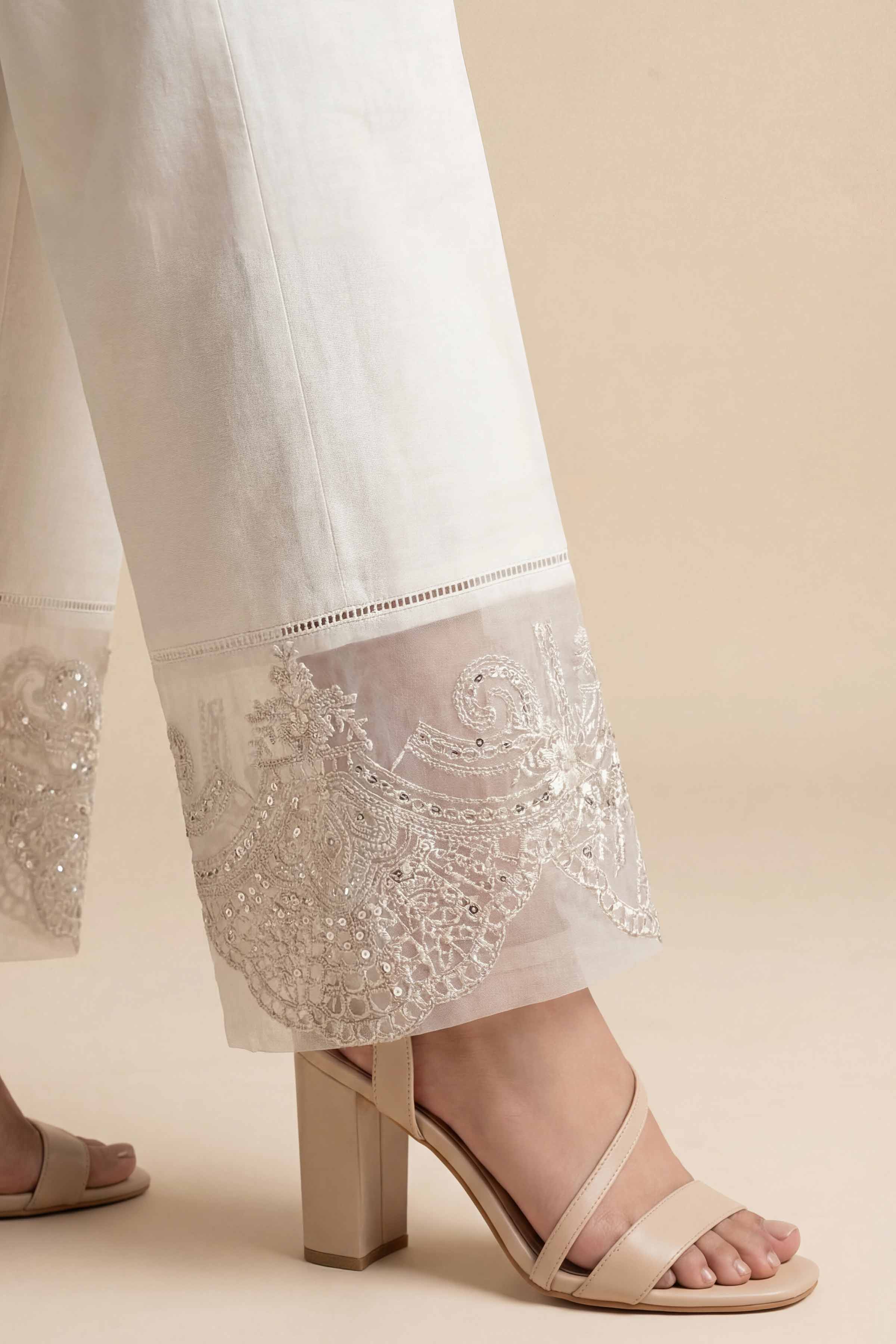 Embroidered Trousers - PE26-638 White Cambric 1PC Embroidered READY TO WEAR