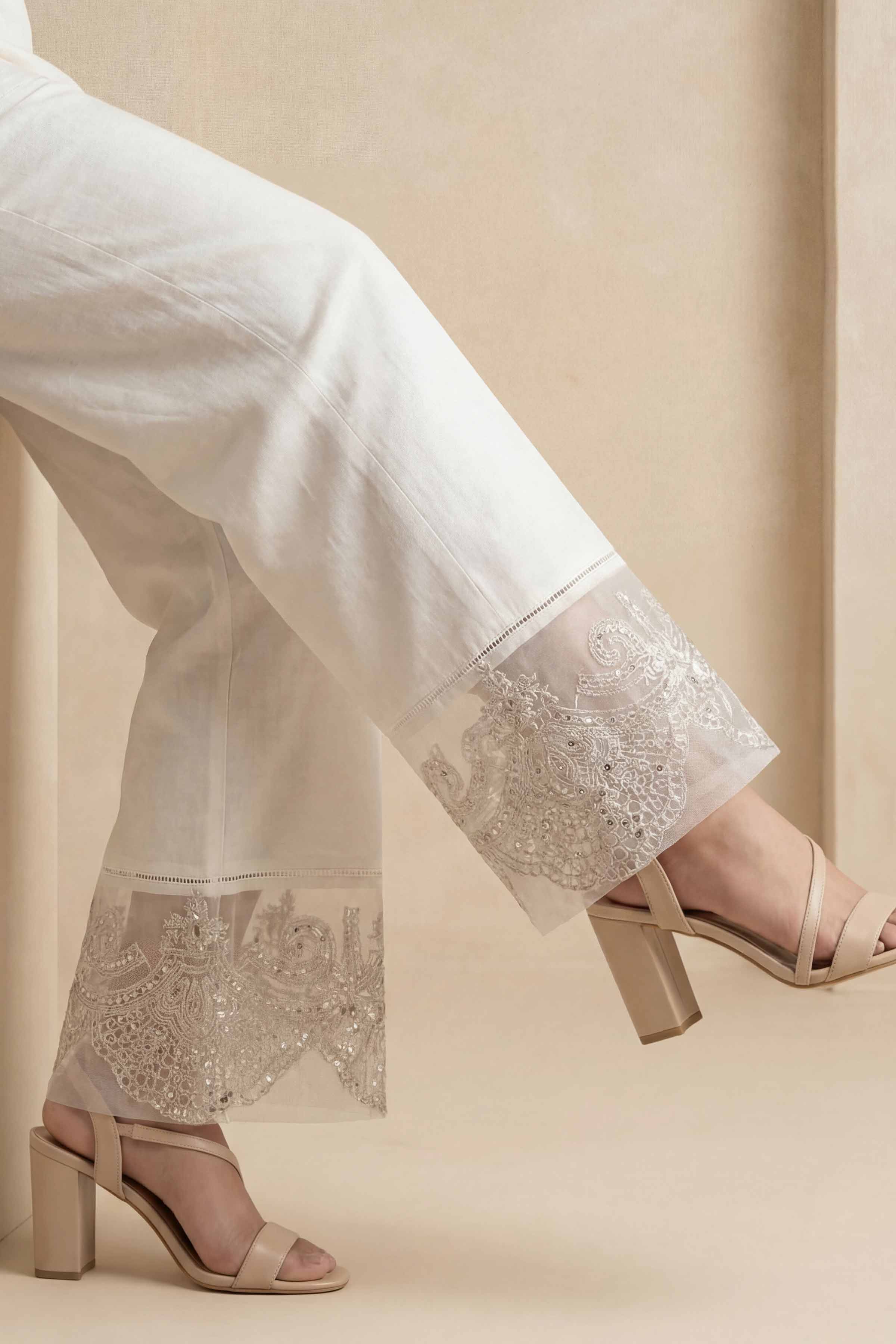 Embroidered Trousers - PE26-638 White Cambric 1PC Embroidered READY TO WEAR