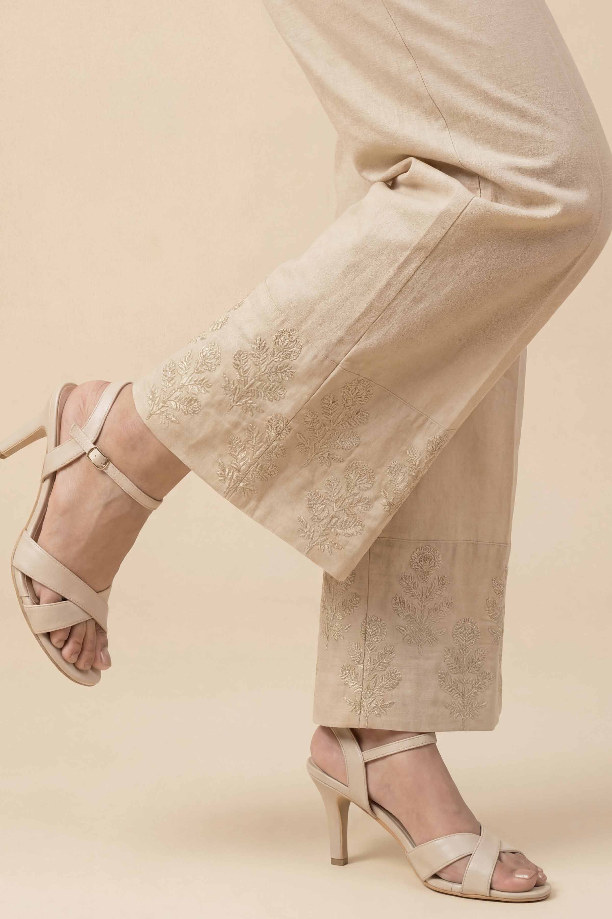 Embroidered Trousers - PE26-640 Beige Cambric 1PC Embroidered READY TO WEAR