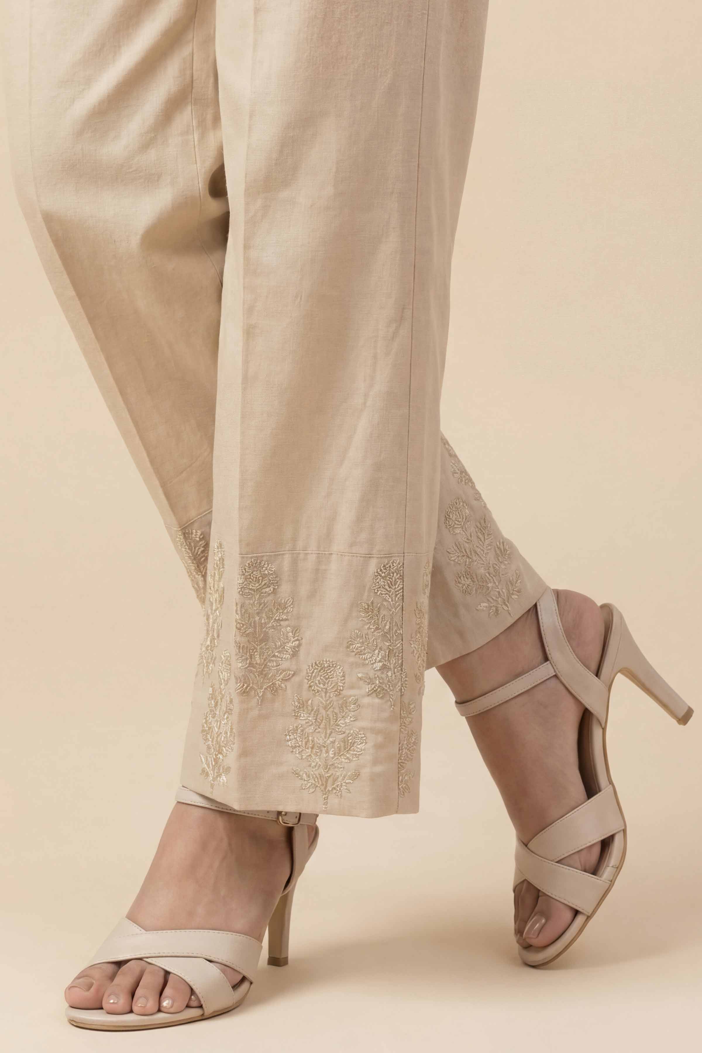 Embroidered Trousers - PE26-640 Beige Cambric 1PC Embroidered READY TO WEAR