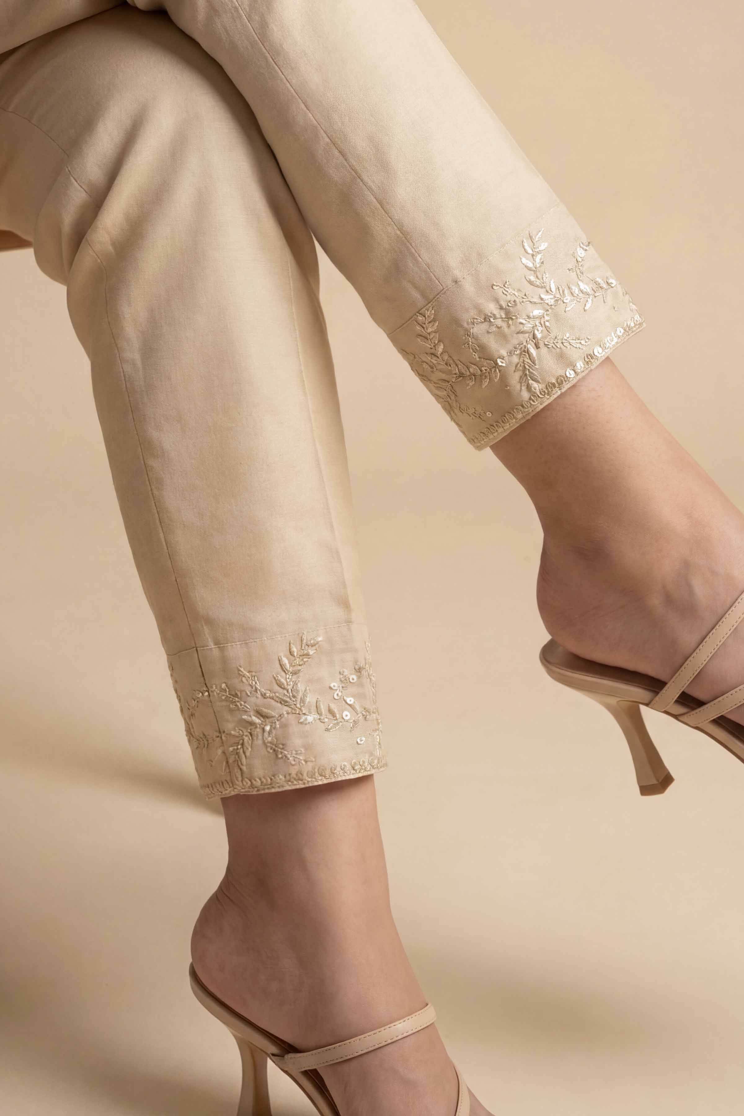 Embroidered Trousers - PE26-648 Beige Cambric 1PC Embroidered READY TO WEAR
