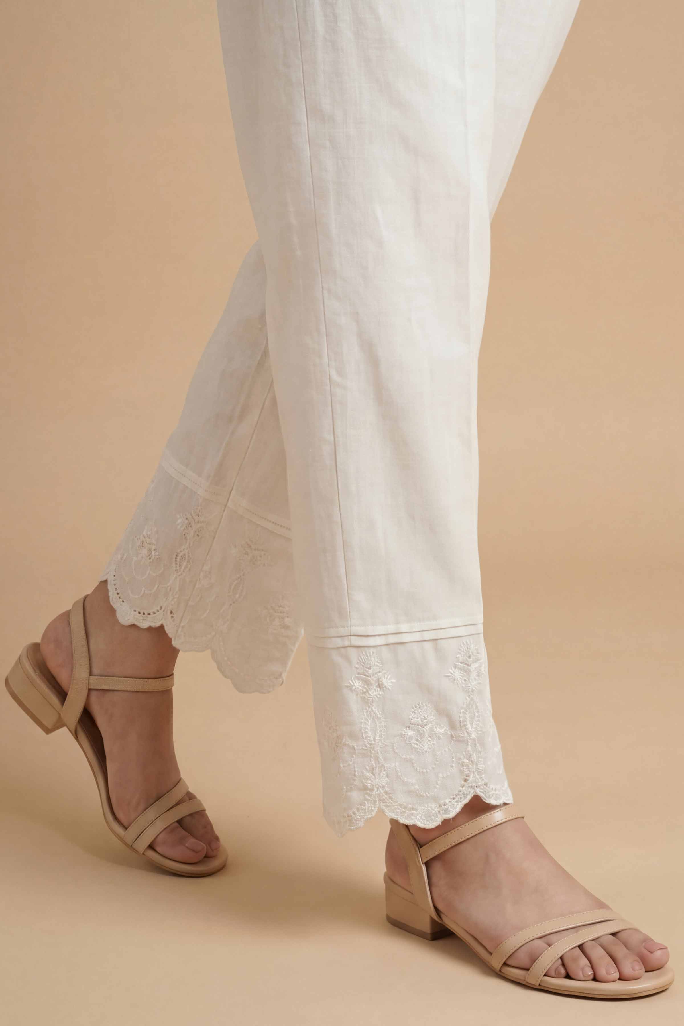Embroidered Trousers - PE26-655 White Cambric 1PC Embroidered