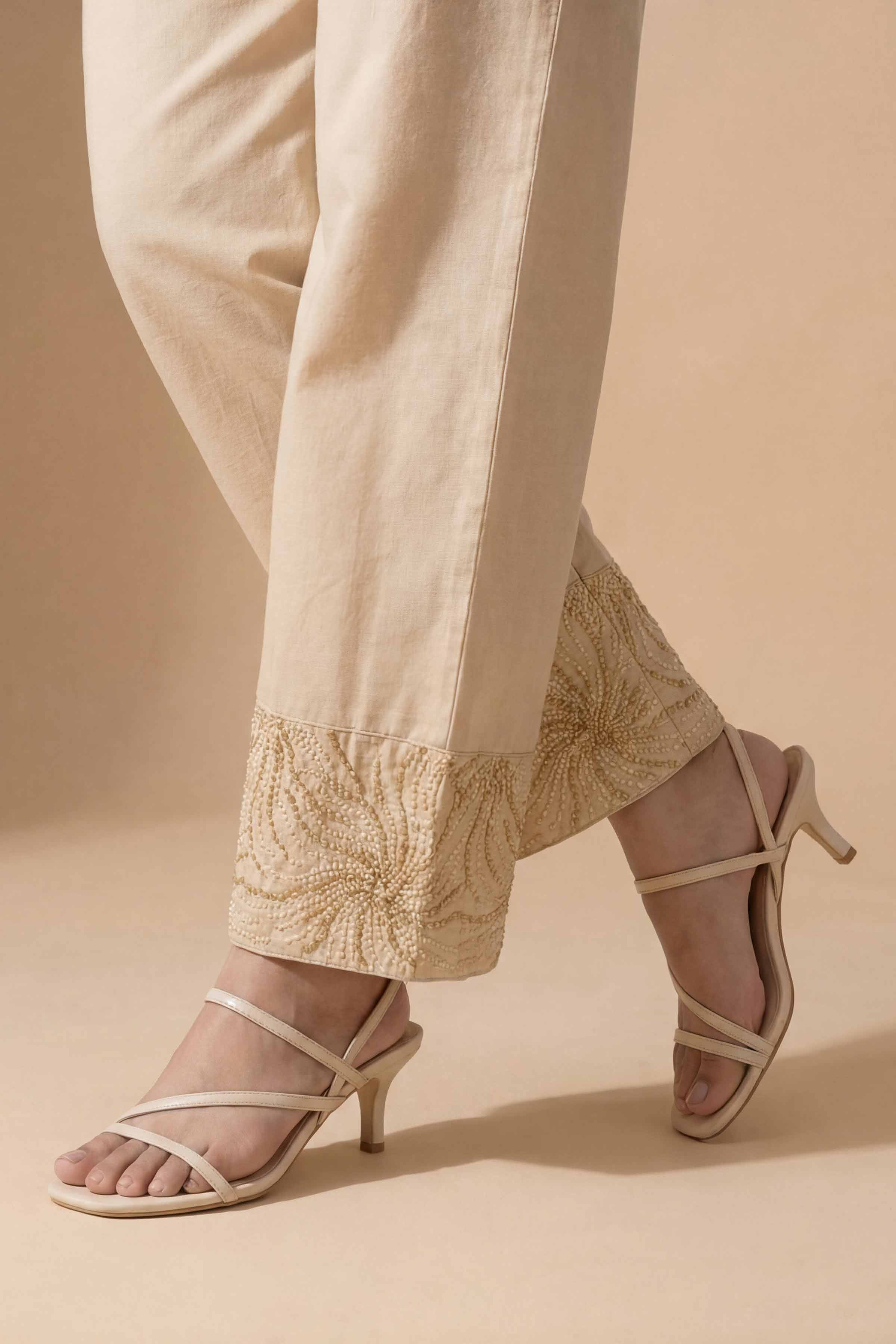 Embroidered Trousers - PE26-661 Beige Cambric 1PC Embroidered