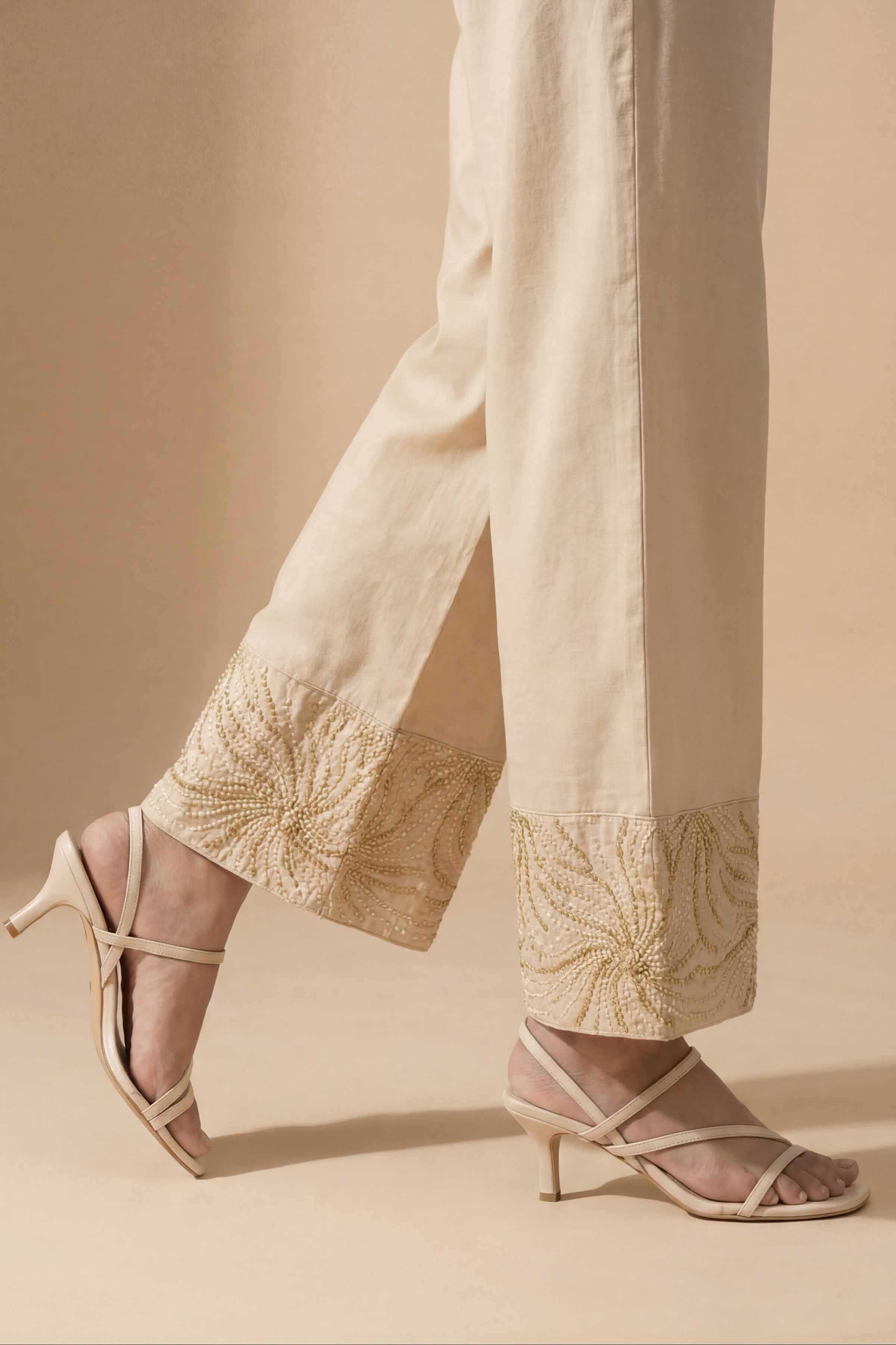 Embroidered Trousers - PE26-661 Beige Cambric 1PC Embroidered