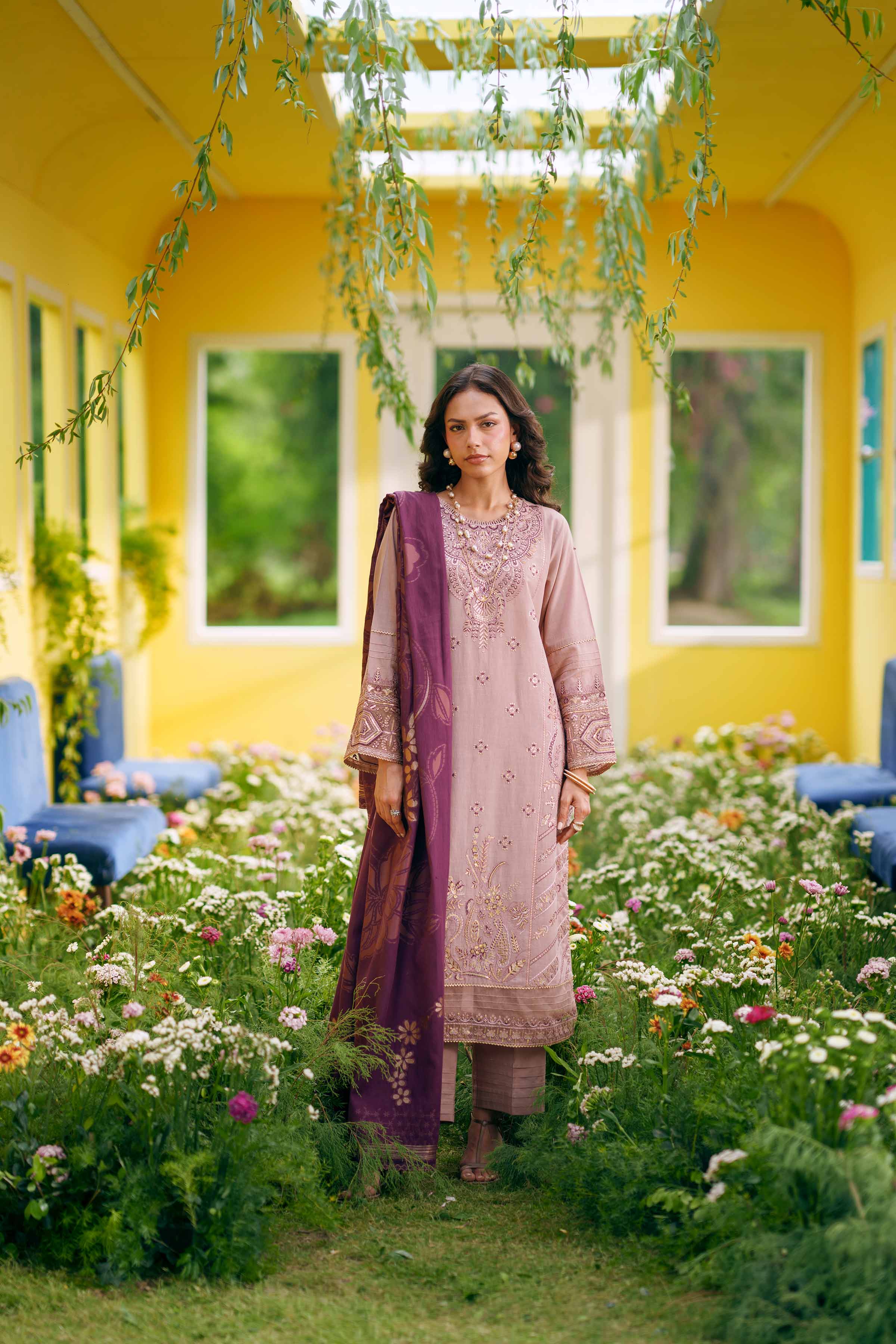 3 Piece - Embroidered Suit - PE26-76 Purple Slub 3PC Embroidered READY TO WEAR