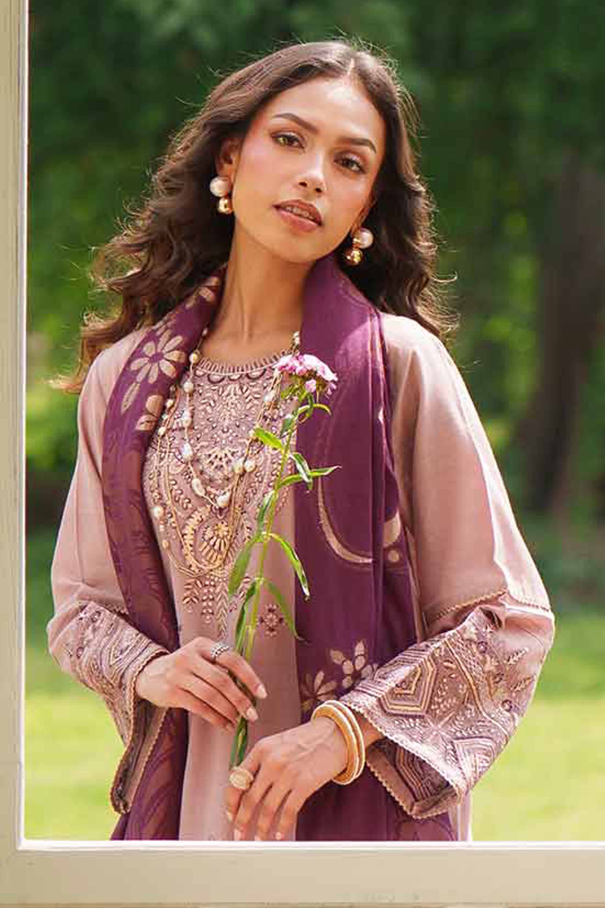 3 Piece - Embroidered Suit - PE26-76 Purple Slub 3PC Embroidered READY TO WEAR