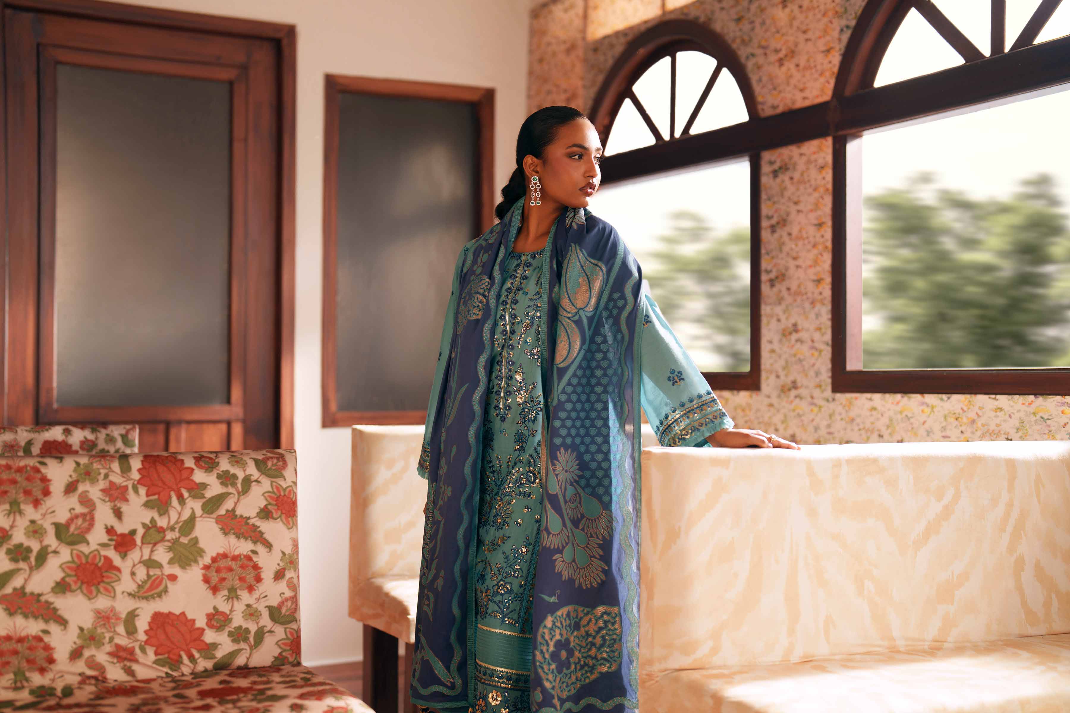 3 Piece - Embroidered Suit - PE26-77 Blue Slub 3PC Embroidered READY TO WEAR