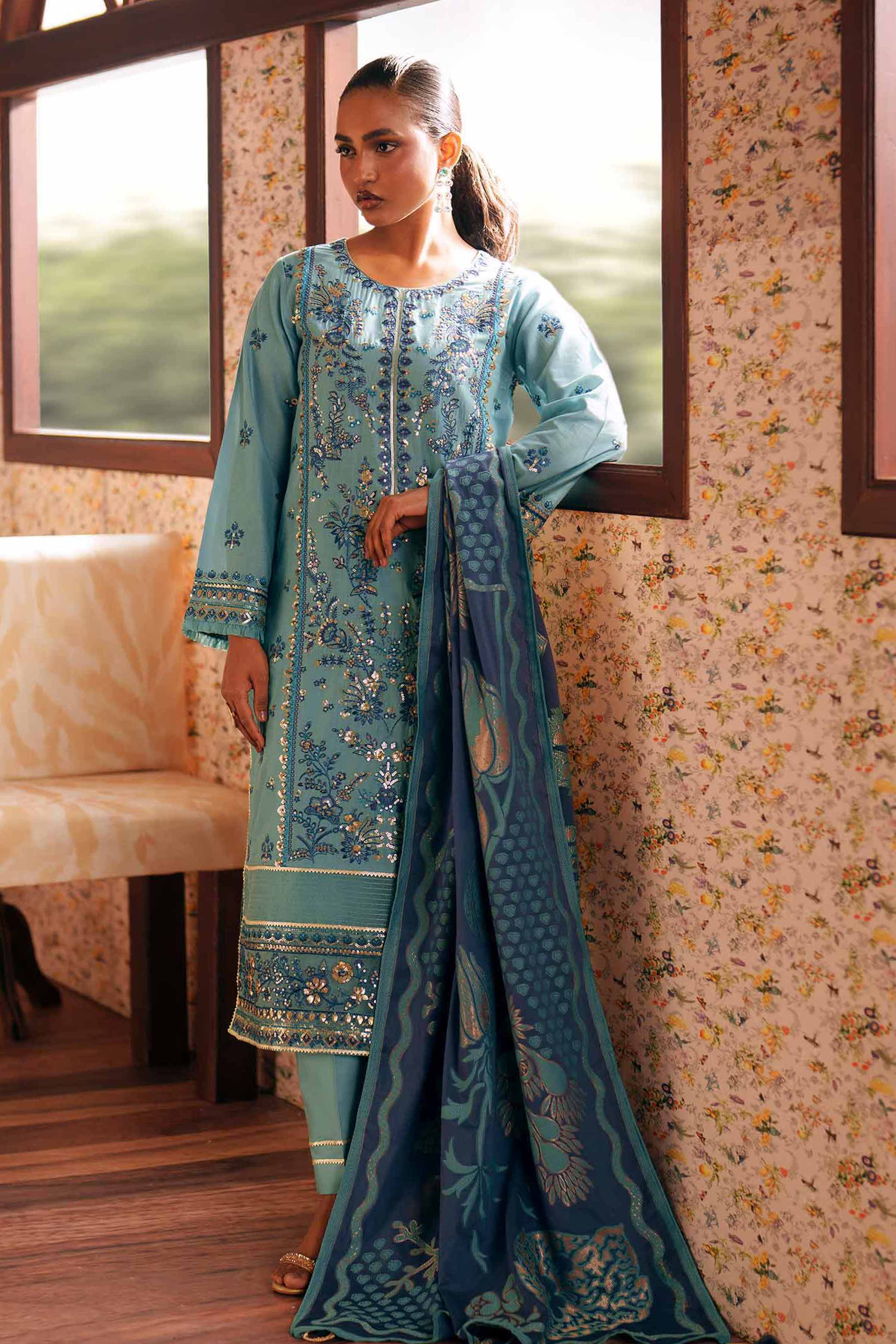 3 Piece - Embroidered Suit - PE26-77 Blue Slub 3PC Embroidered READY TO WEAR