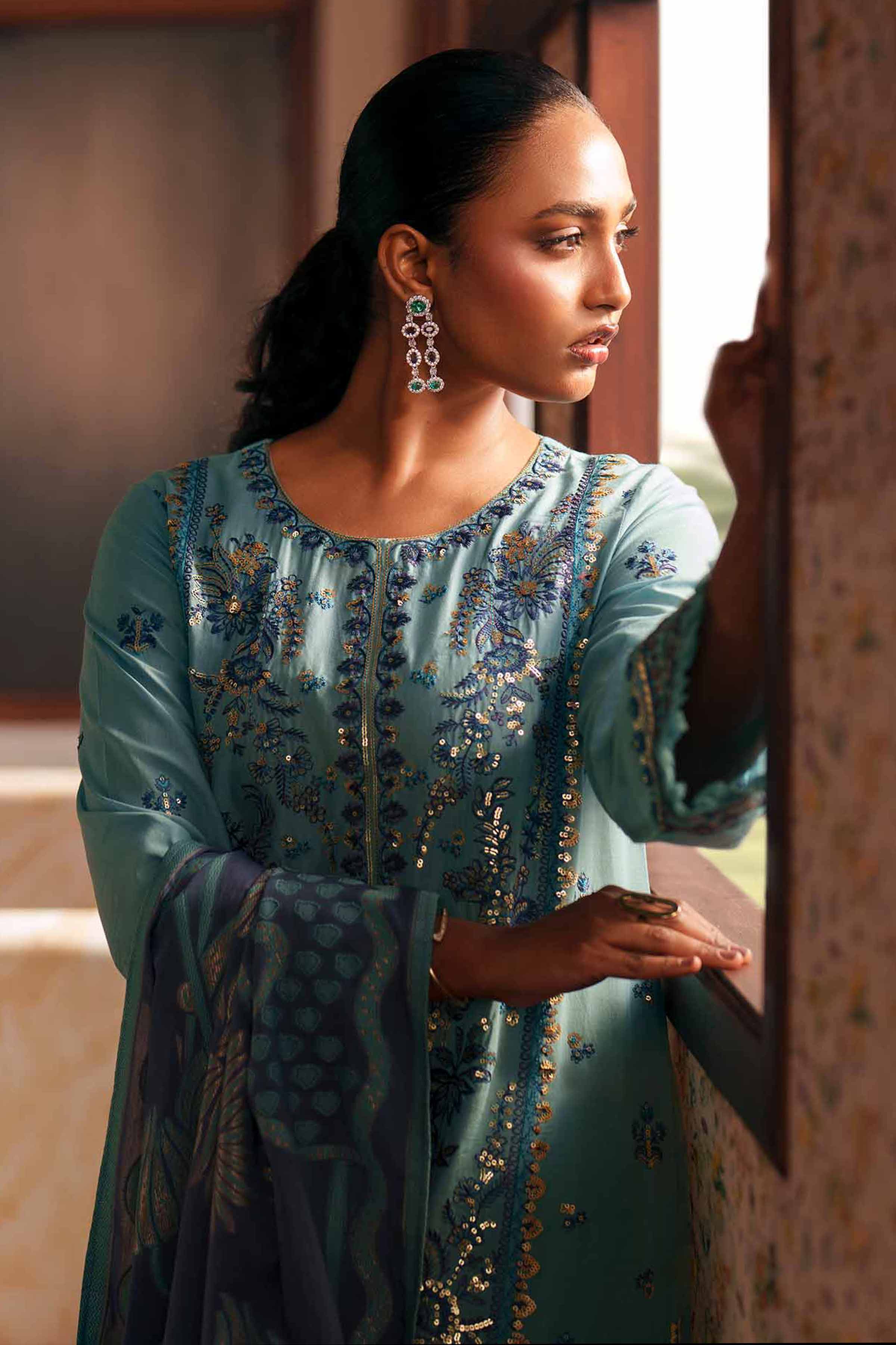 3 Piece - Embroidered Suit - PE26-77 Blue Slub 3PC Embroidered READY TO WEAR