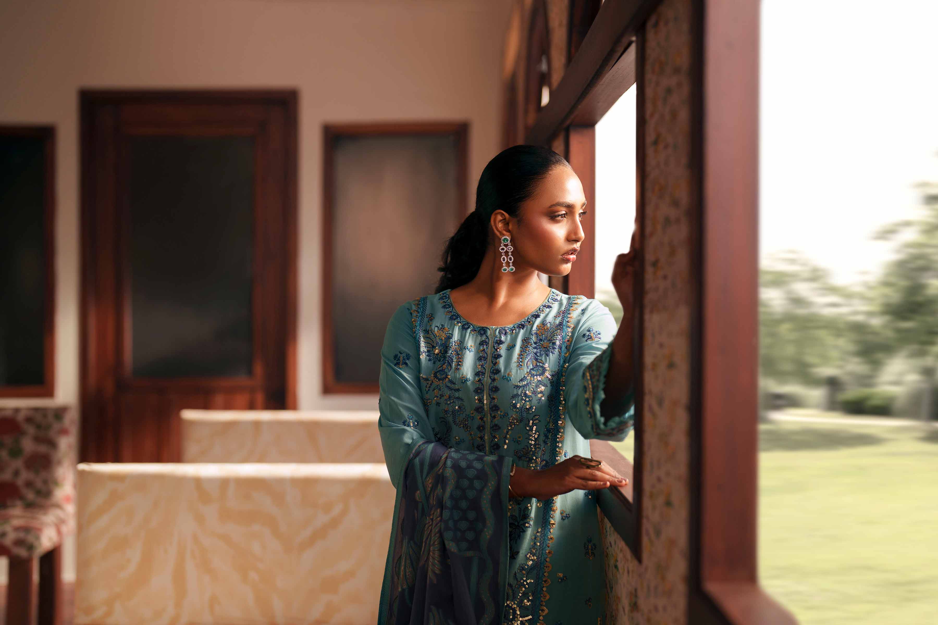 3 Piece - Embroidered Suit - PE26-77 Blue Slub 3PC Embroidered READY TO WEAR