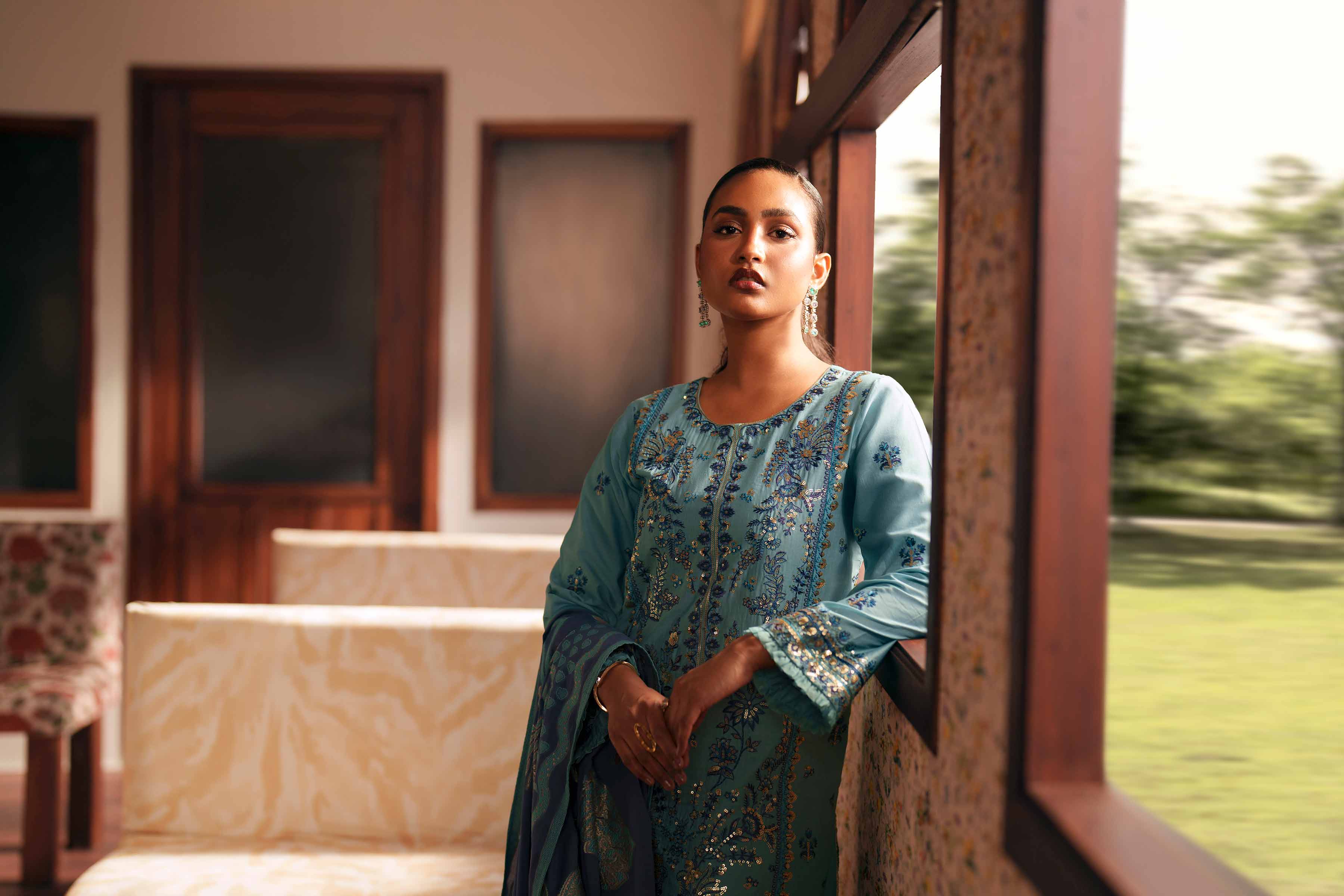 3 Piece - Embroidered Suit - PE26-77 Blue Slub 3PC Embroidered READY TO WEAR