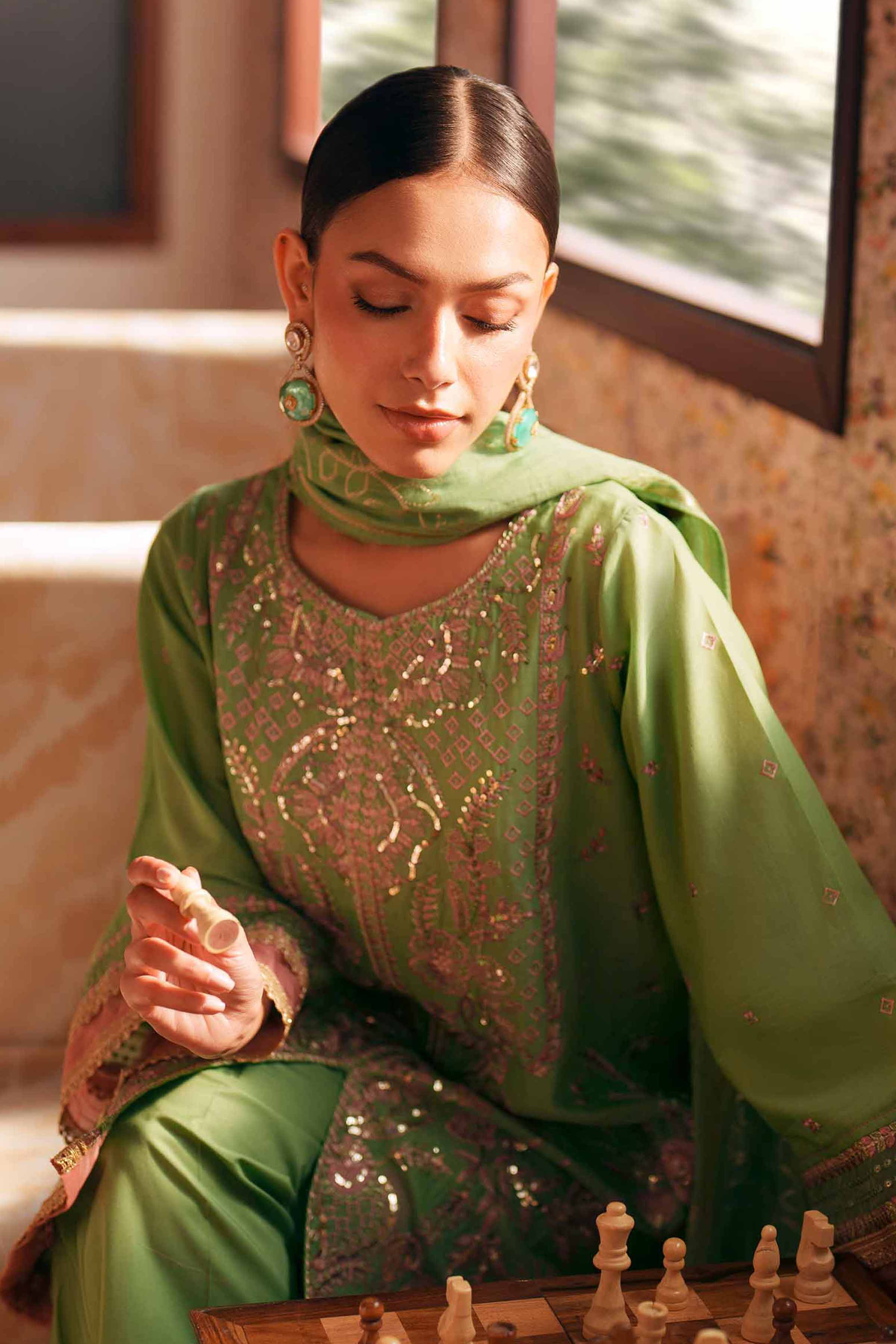 3 Piece - Embroidered Suit - PE26-78 Green Slub 3PC Embroidered READY TO WEAR