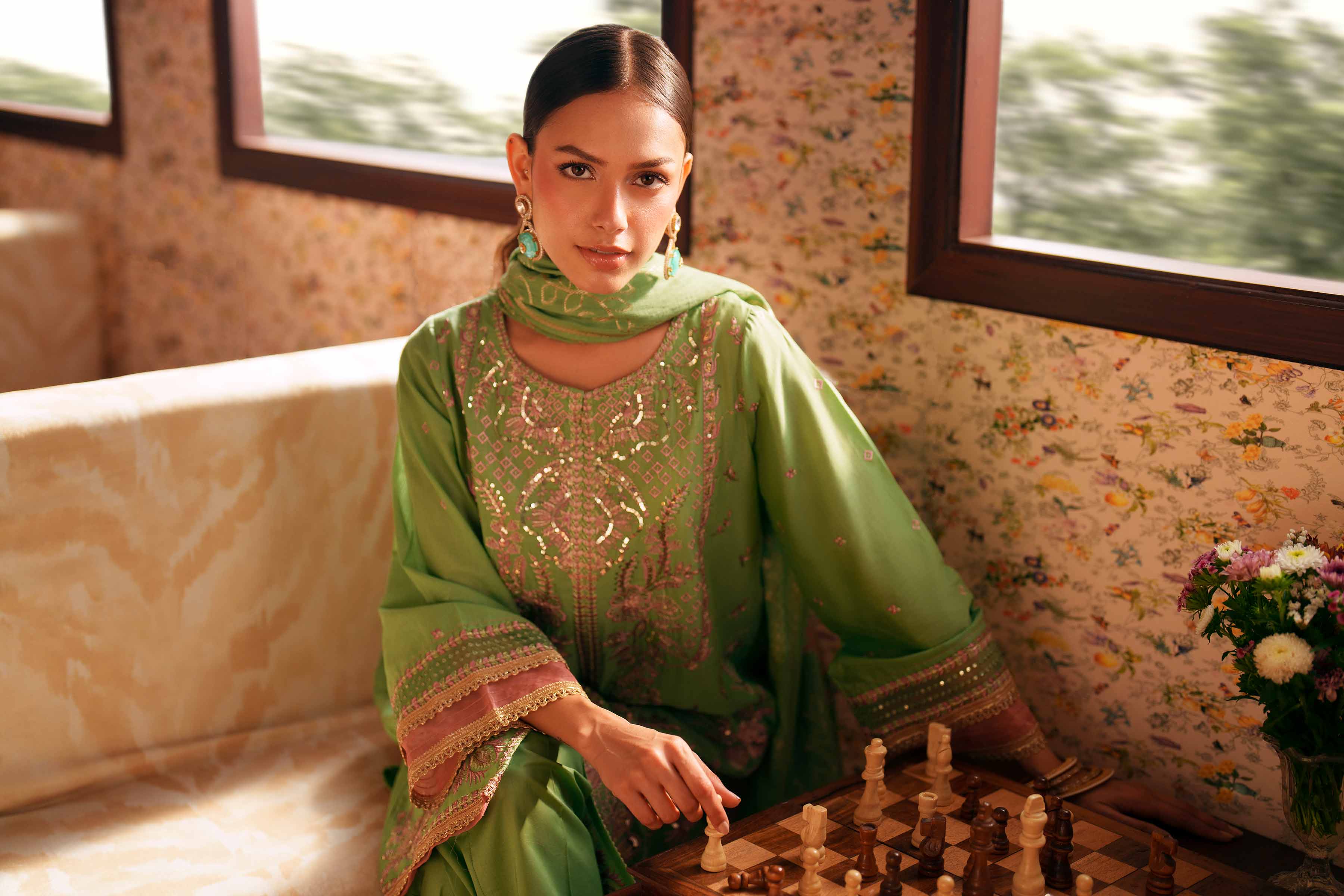 3 Piece - Embroidered Suit - PE26-78 Green Slub 3PC Embroidered READY TO WEAR