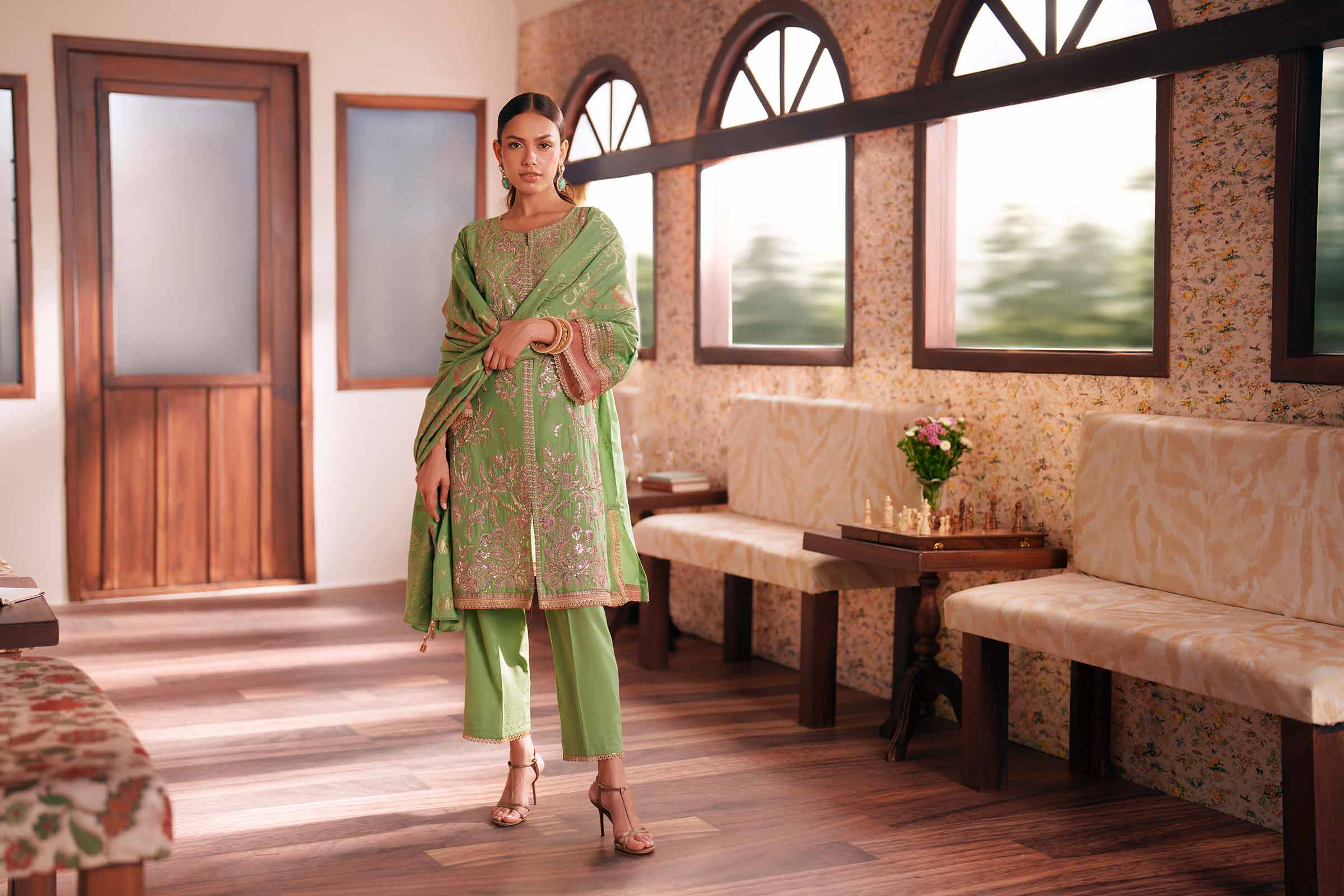 3 Piece - Embroidered Suit - PE26-78 Green Slub 3PC Embroidered READY TO WEAR