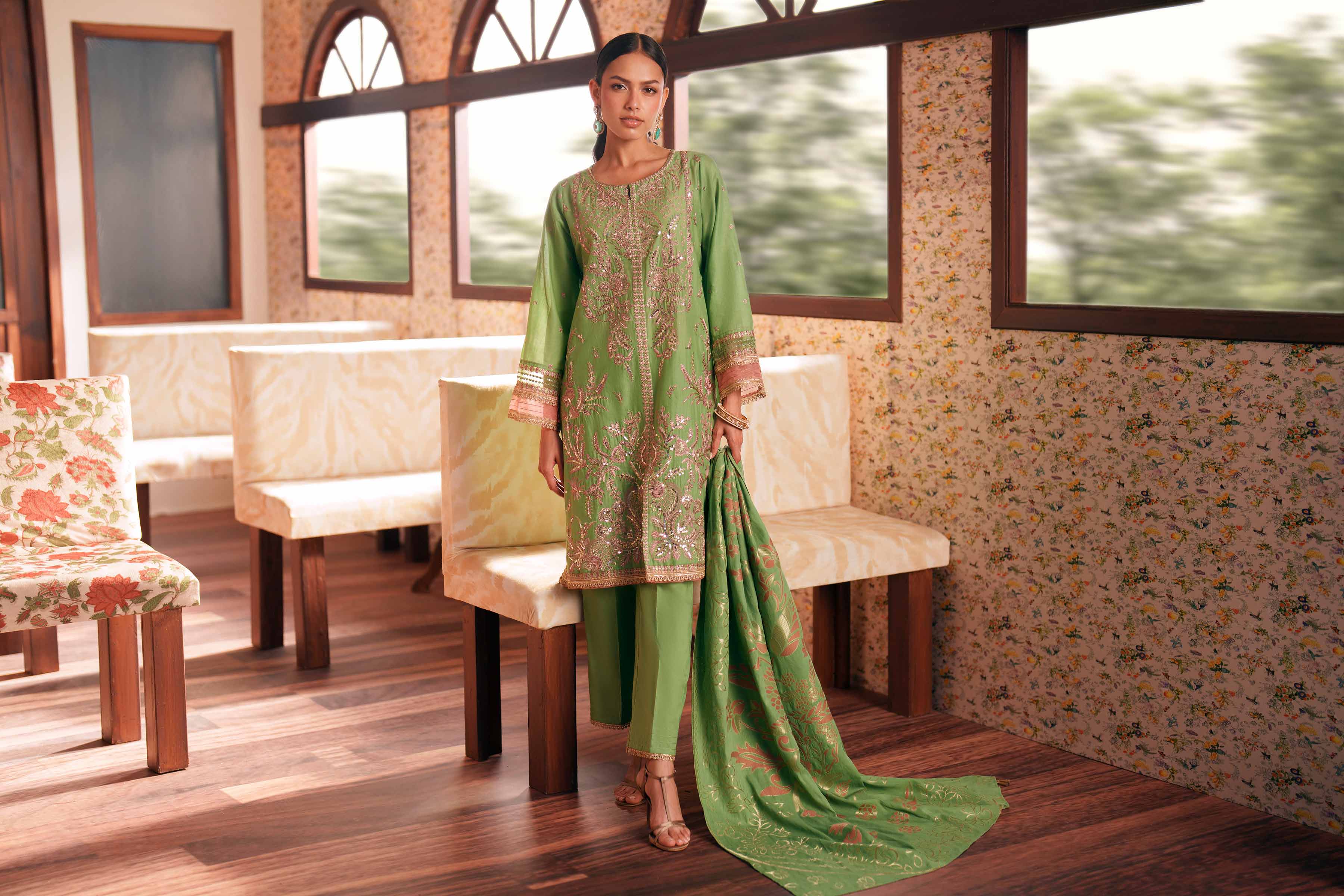 3 Piece - Embroidered Suit - PE26-78 Green Slub 3PC Embroidered READY TO WEAR