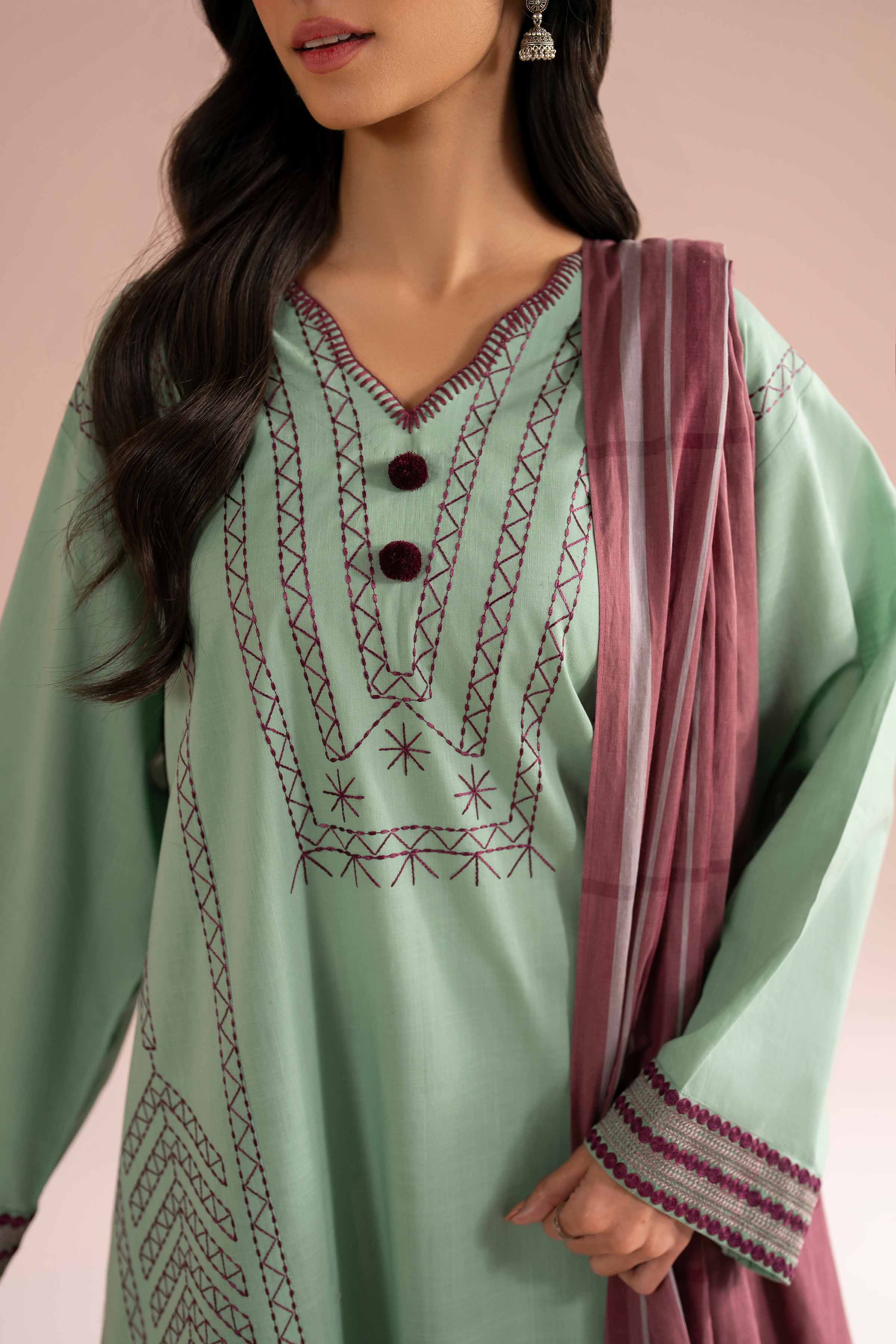 3 Piece - Embroidered Suit - PE26-79 Green Cross Hatch 3PC Embroidered READY TO WEAR