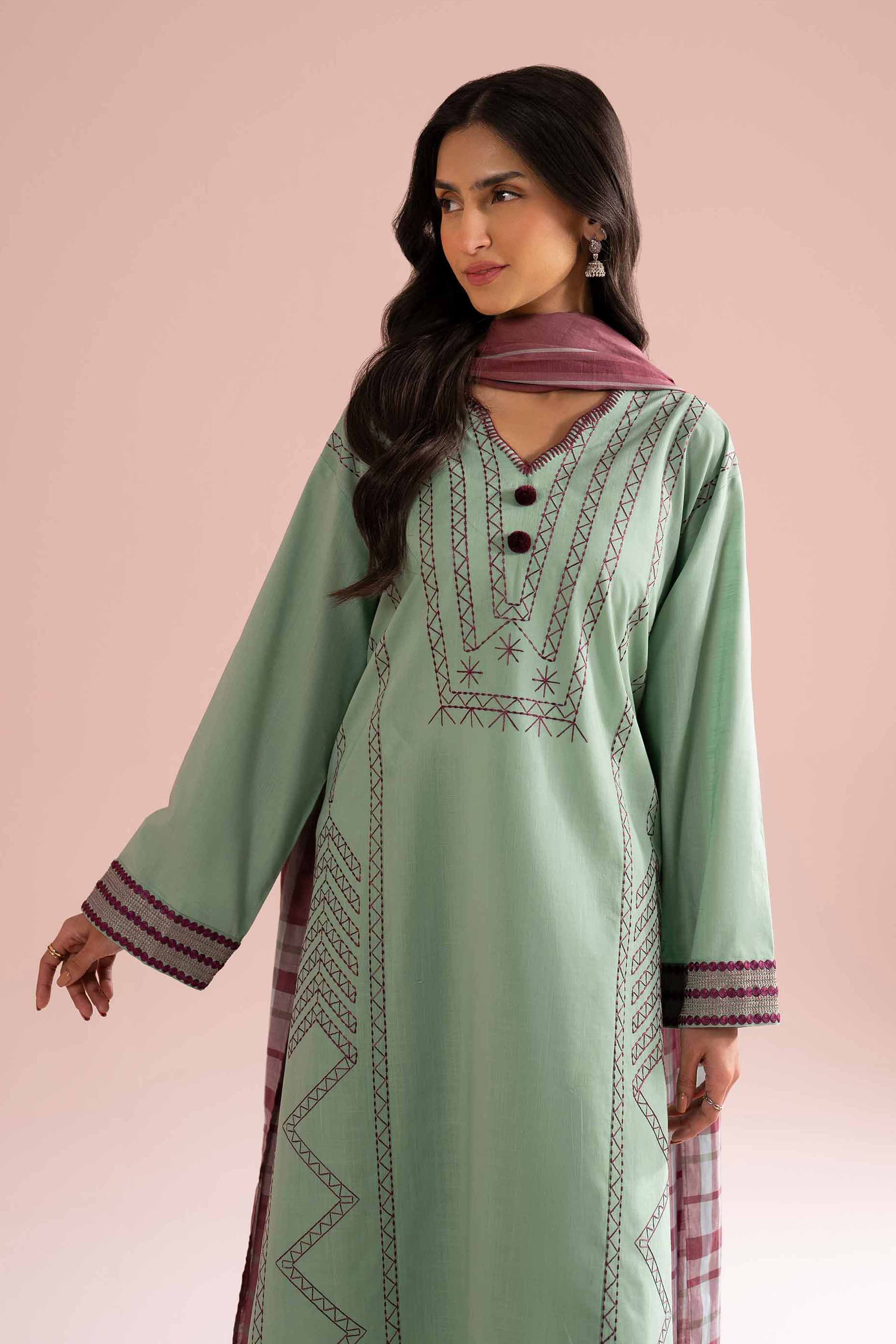 3 Piece - Embroidered Suit - PE26-79 Green Cross Hatch 3PC Embroidered READY TO WEAR