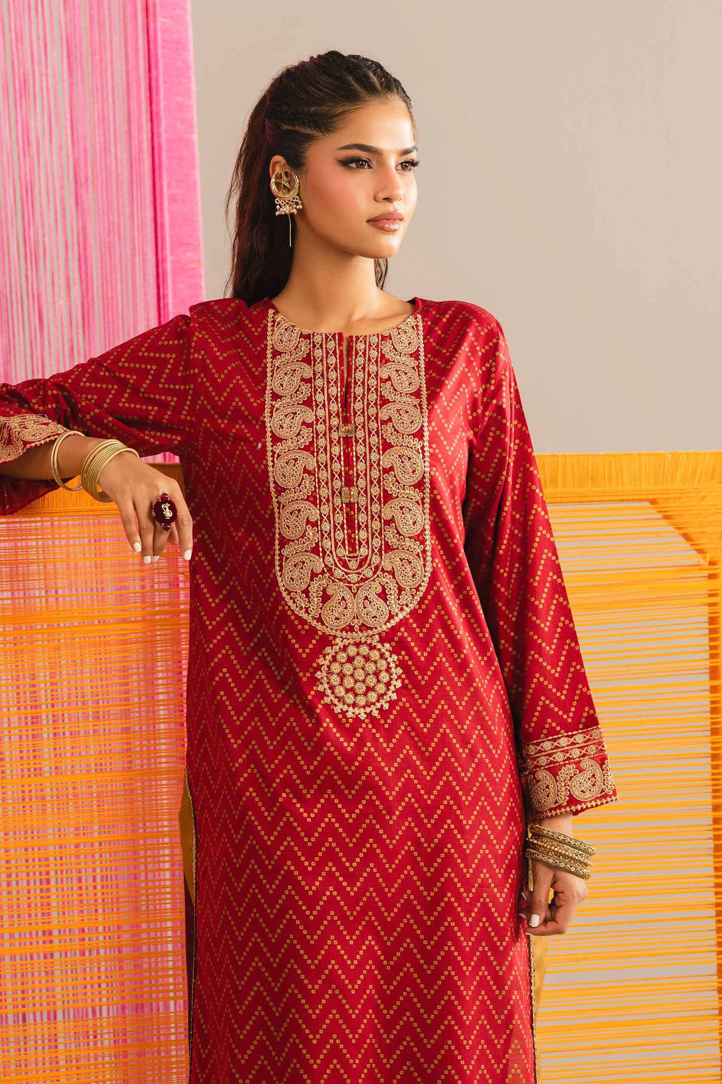 Printed Embroidered Shirt - PE26-90 Red Lawn 1PC Embroidered
