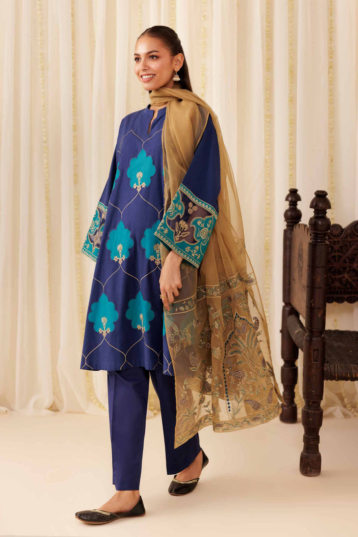 NISHATUAE - Blue Embroidered Cambric 3-piece Ready to wear Suit