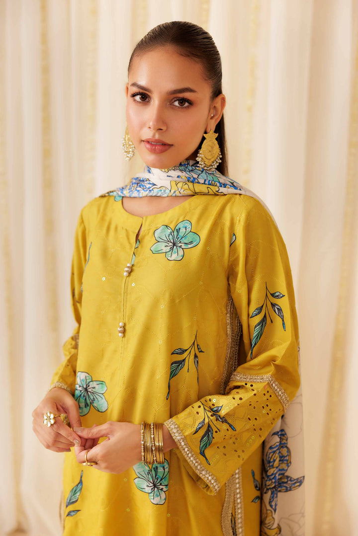 NISHATUAE - Yellow Printed Chicken Kari 3-piece Ready to wear Suit
