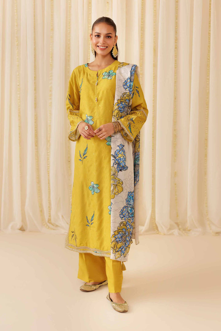 NISHATUAE - Yellow Printed Chicken Kari 3-piece Ready to wear Suit