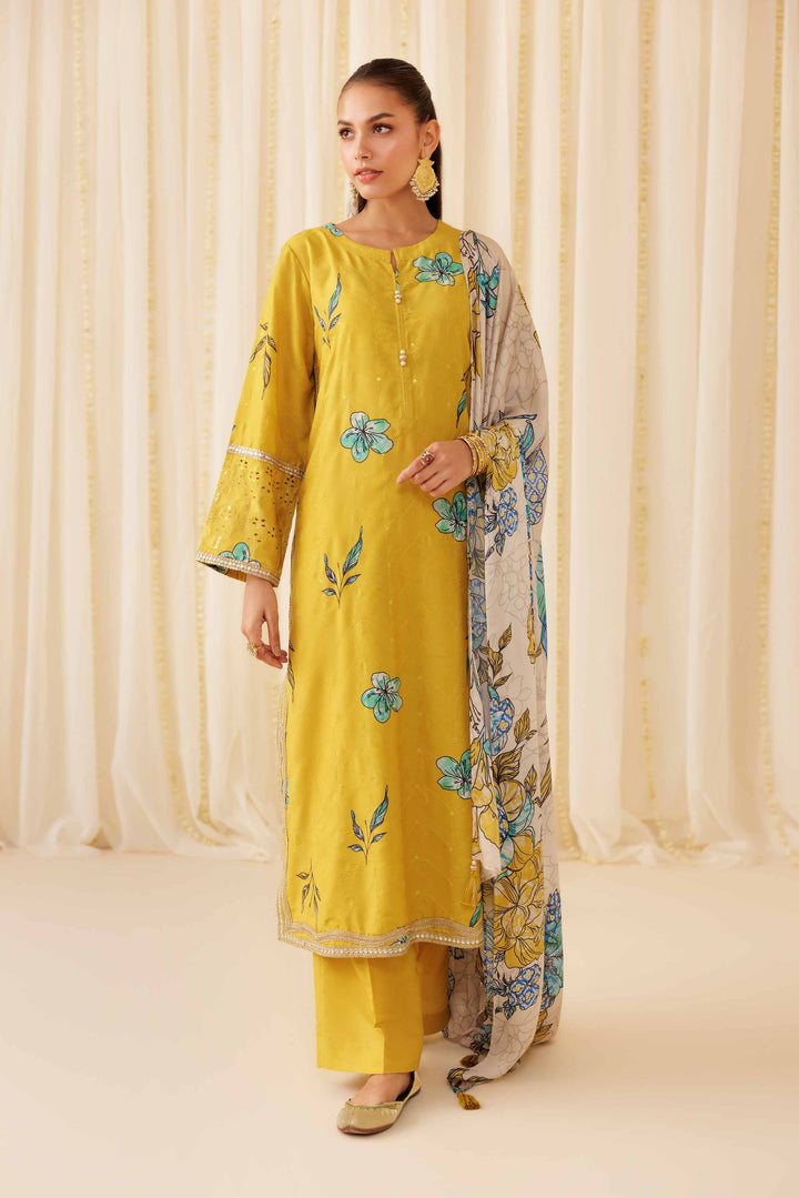 NISHATUAE - Yellow Printed Chicken Kari 3-piece Ready to wear Suit