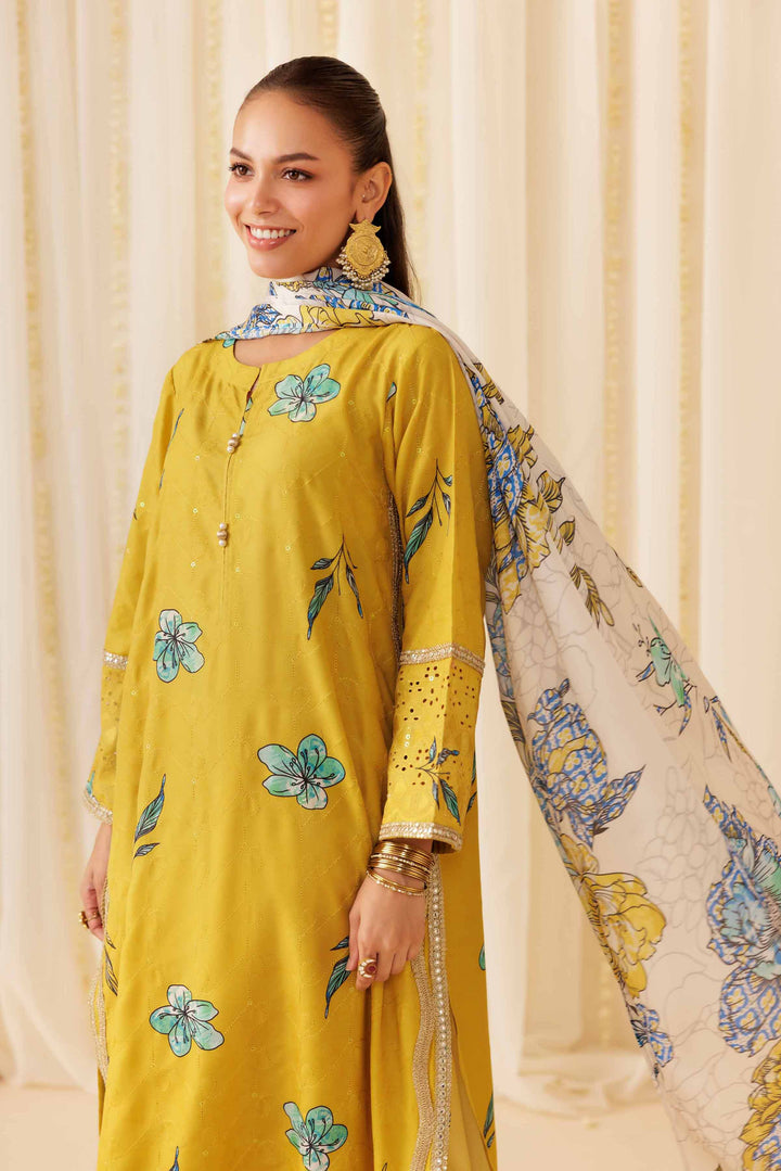 NISHATUAE - Yellow Printed Chicken Kari 3-piece Ready to wear Suit