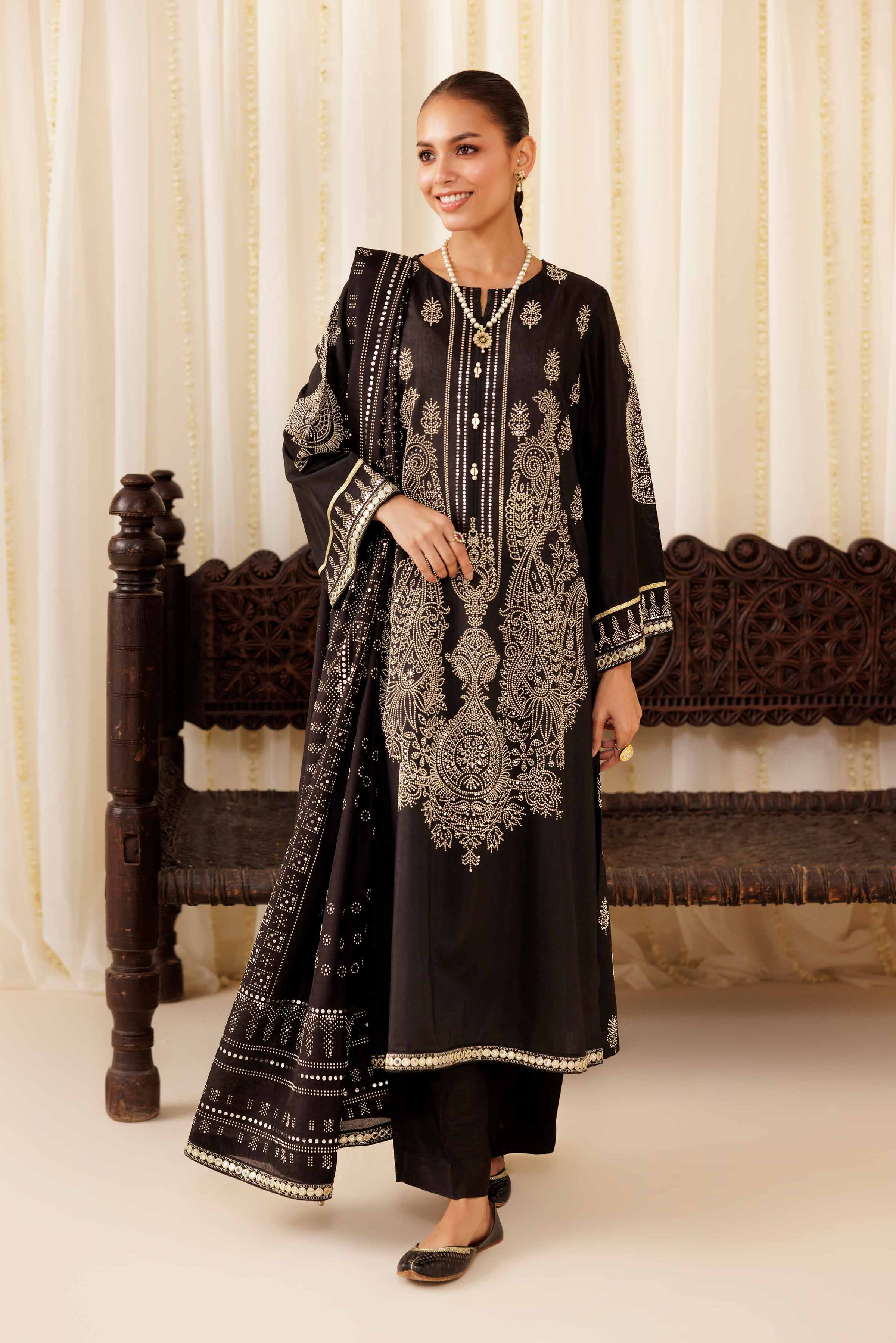 NISHATUAE - Black Solids Mukesh 3-piece Ready to wear Suit