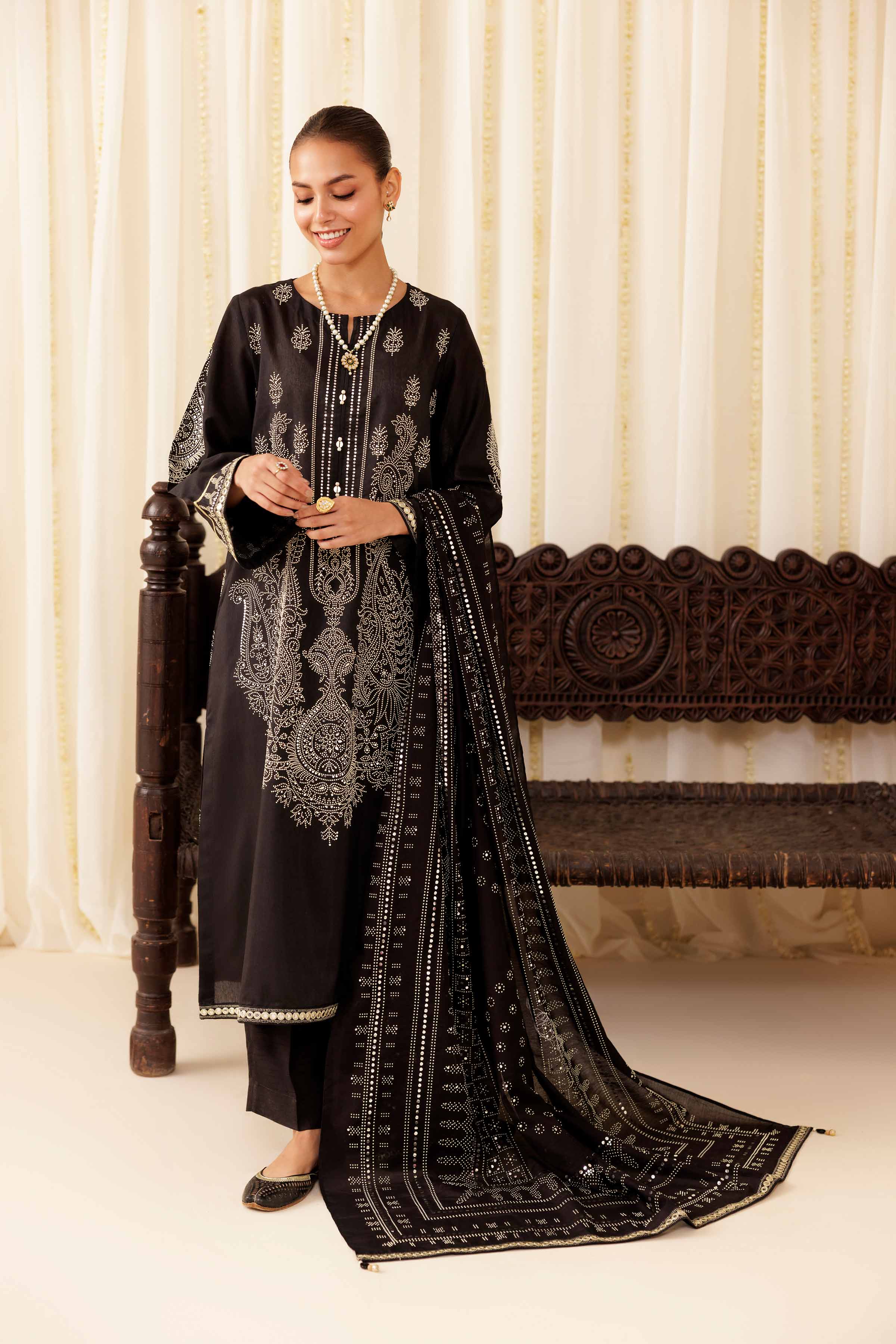 NISHATUAE - Black Solids Mukesh 3-piece Ready to wear Suit