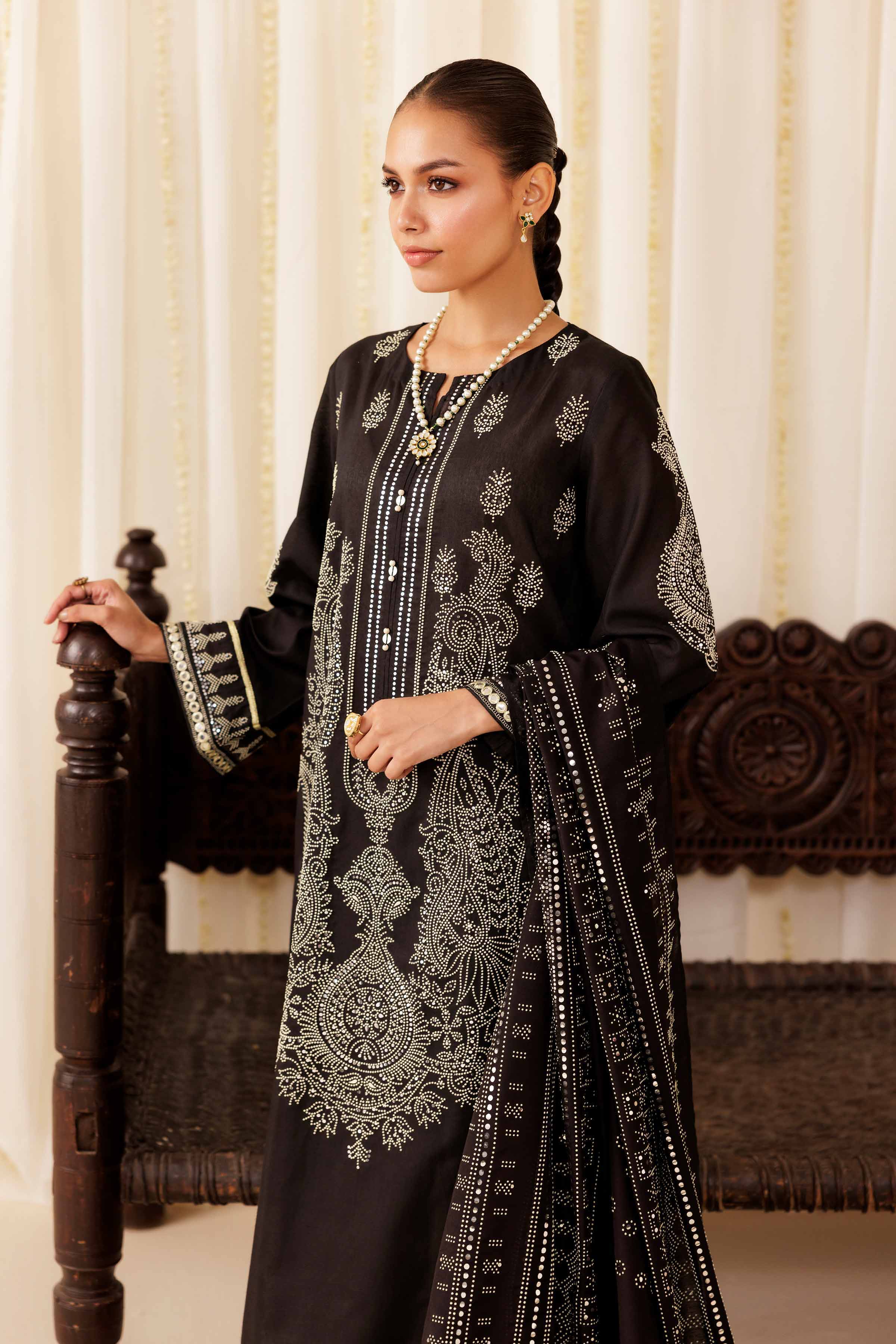 NISHATUAE - Black Solids Mukesh 3-piece Ready to wear Suit