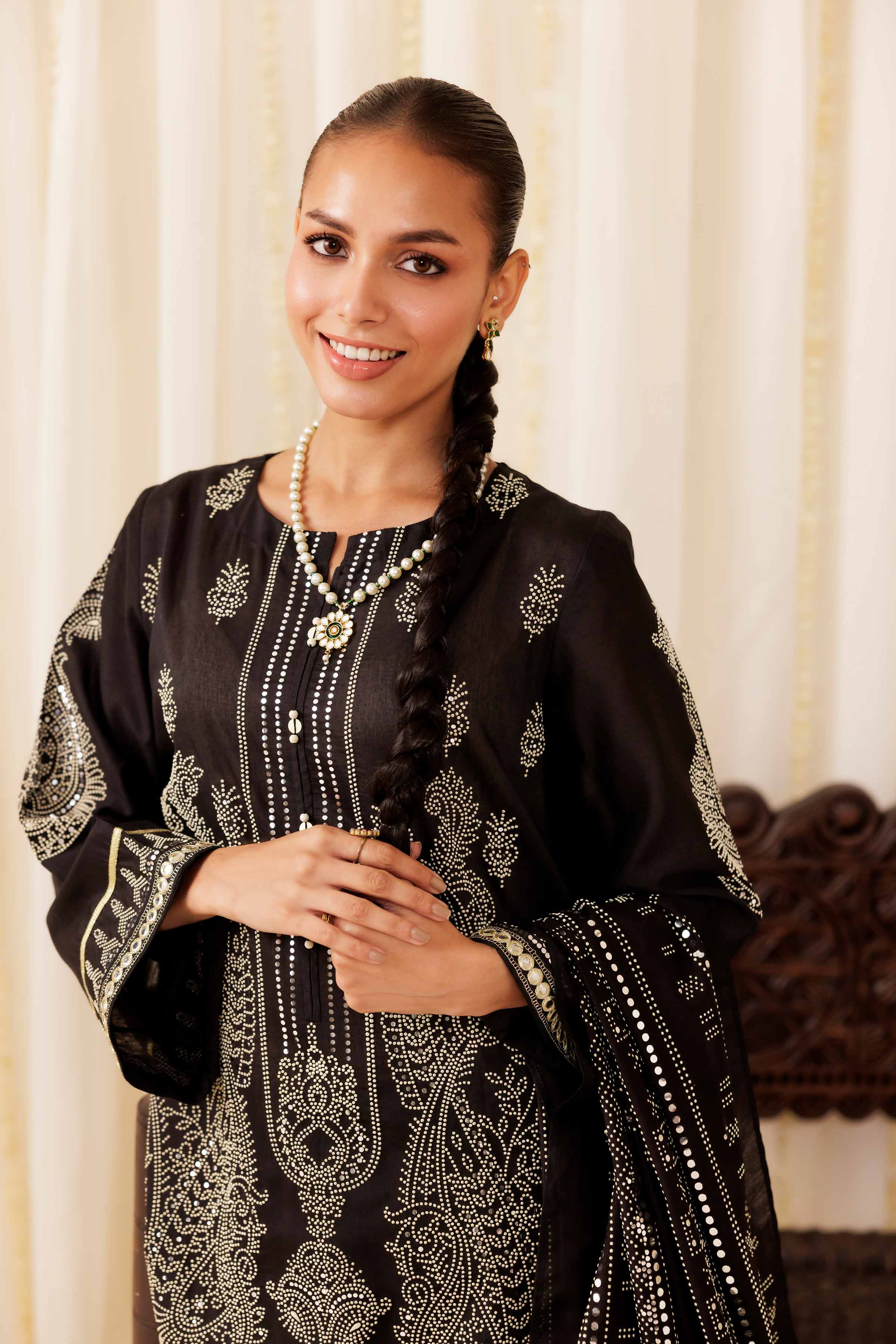 NISHATUAE - Black Solids Mukesh 3-piece Ready to wear Suit