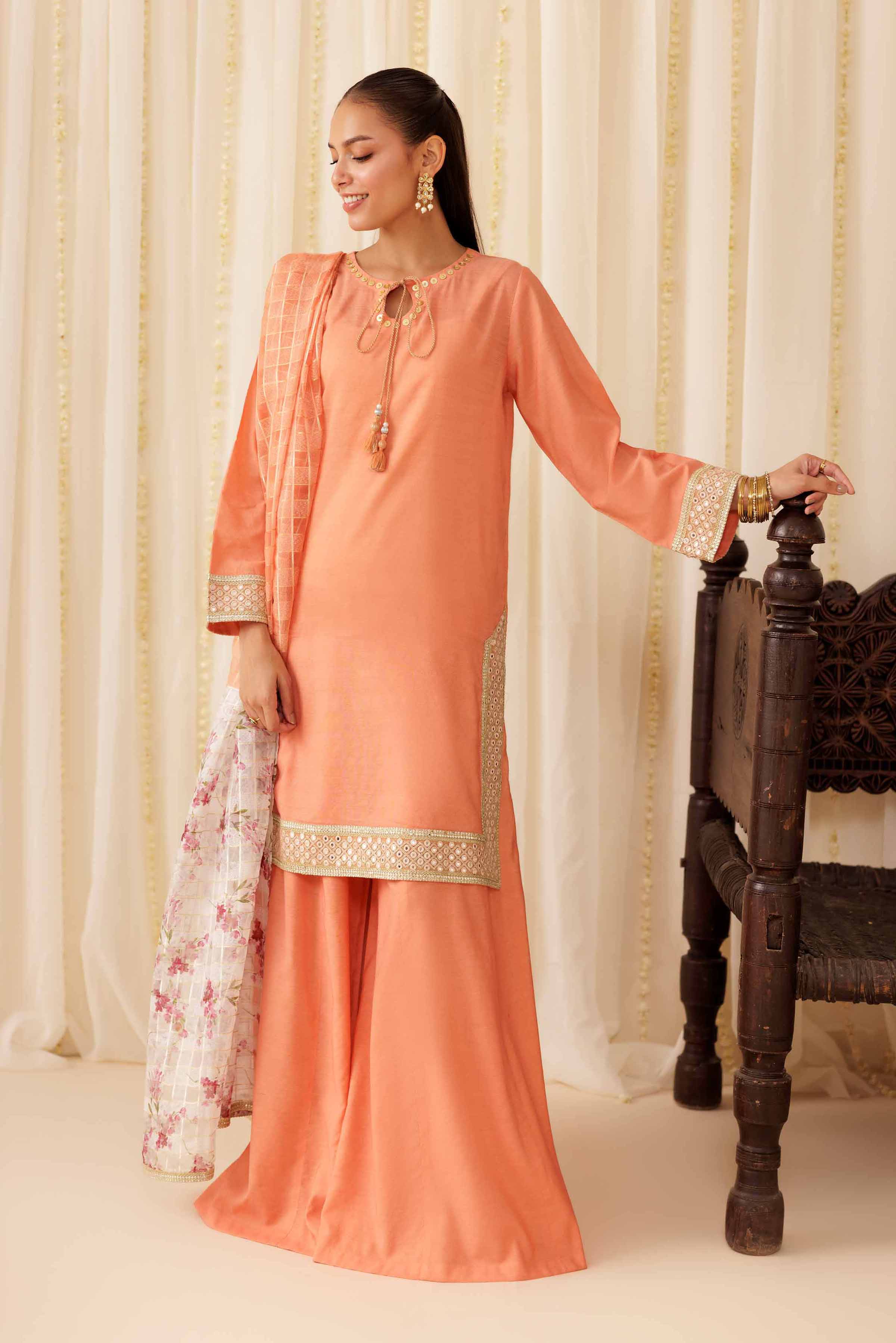 NISHATUAE - Orange Solids Cotton 3-piece Ready to wear Suit