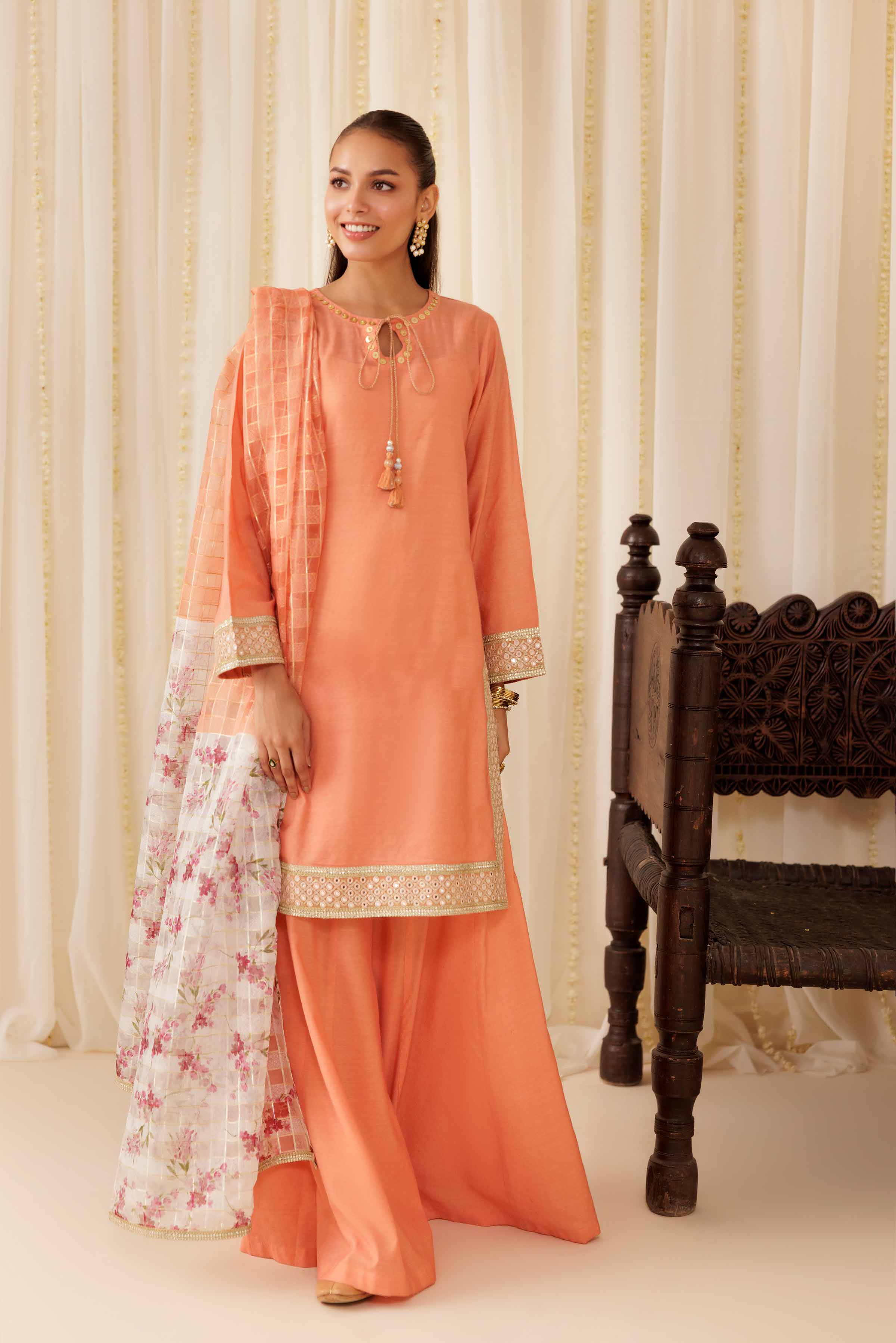 NISHATUAE - Orange Solids Cotton 3-piece Ready to wear Suit