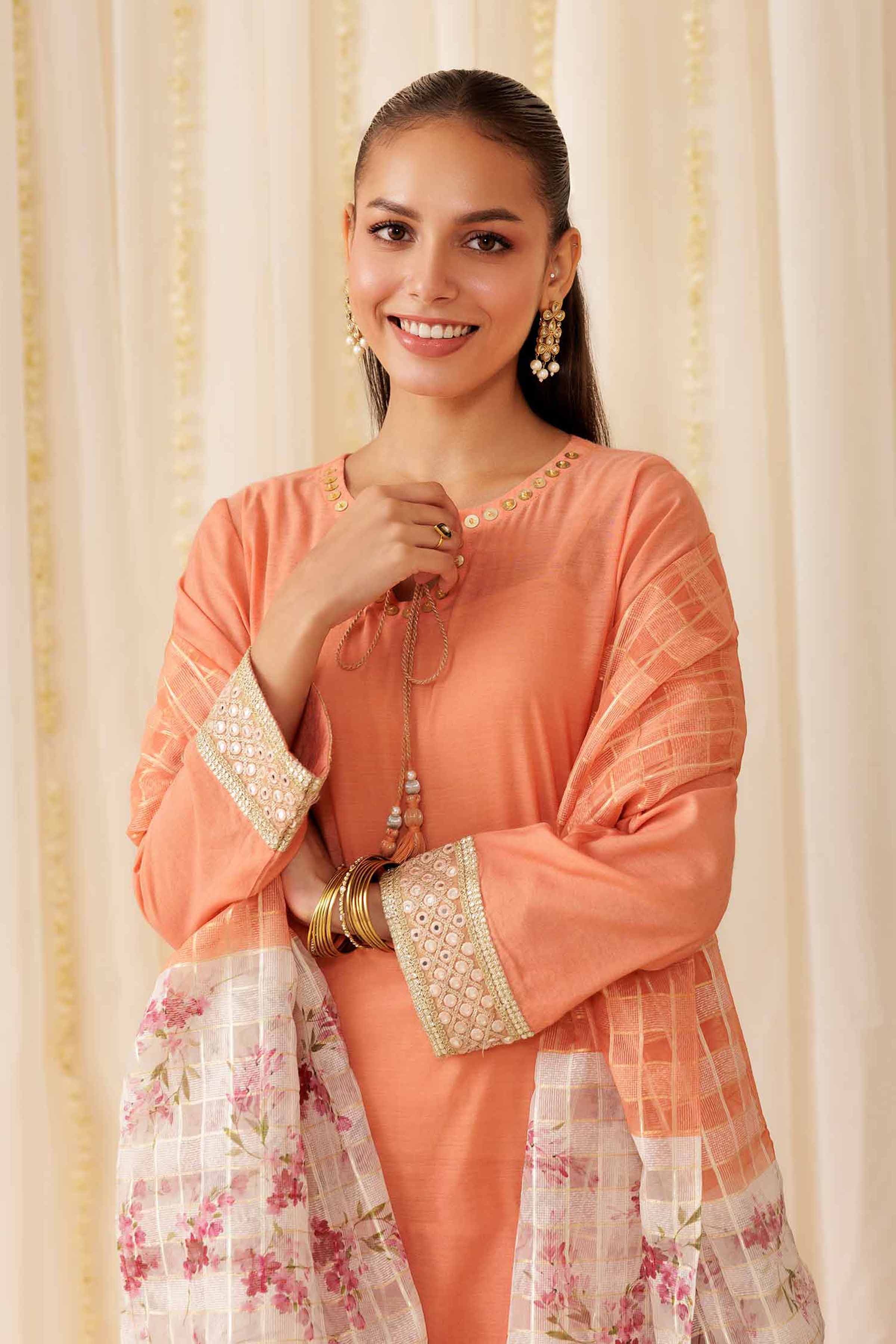 NISHATUAE - Orange Solids Cotton 3-piece Ready to wear Suit