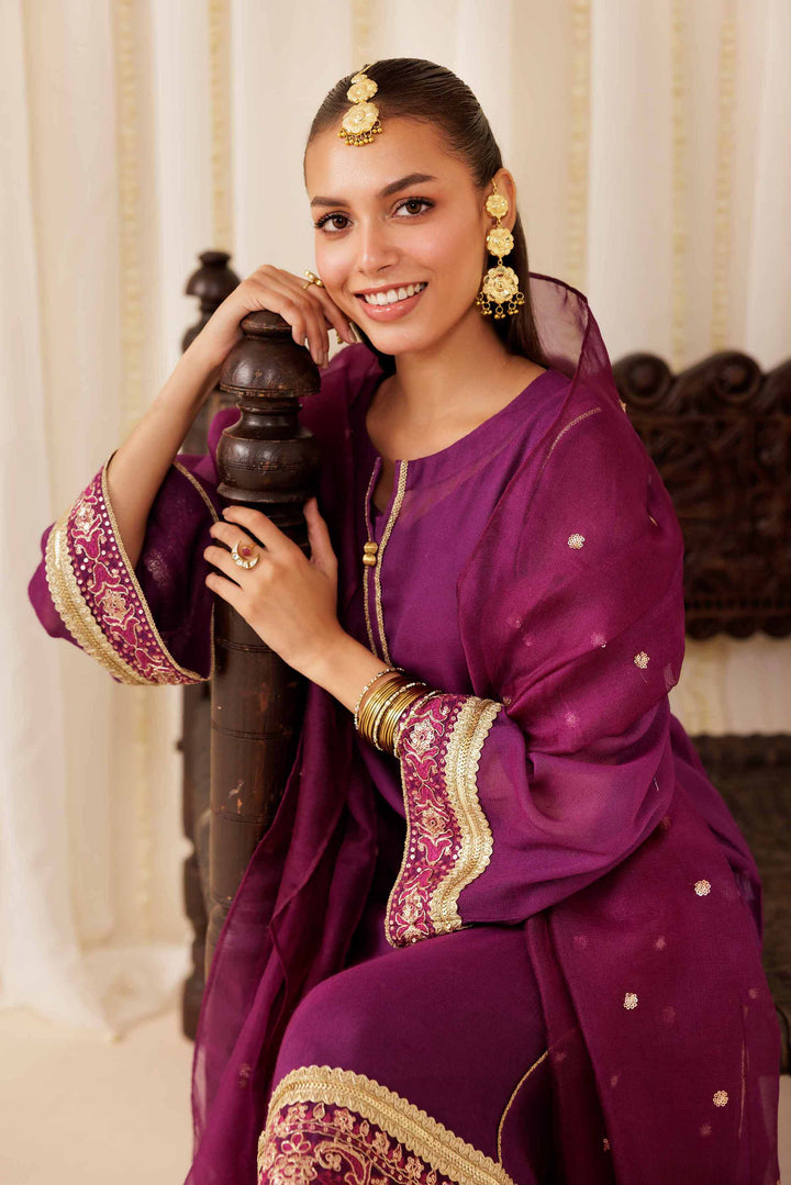NISHATUAE - Purple Embroidered Cotton 3-piece Ready to wear Suit
