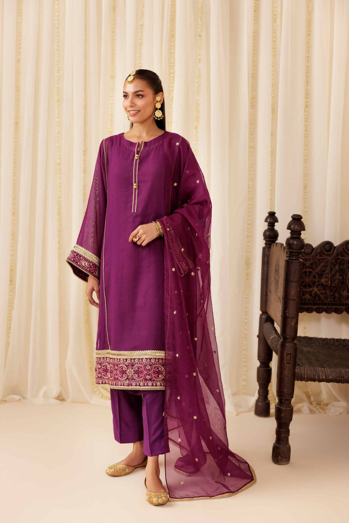 NISHATUAE - Purple Embroidered Cotton 3-piece Ready to wear Suit